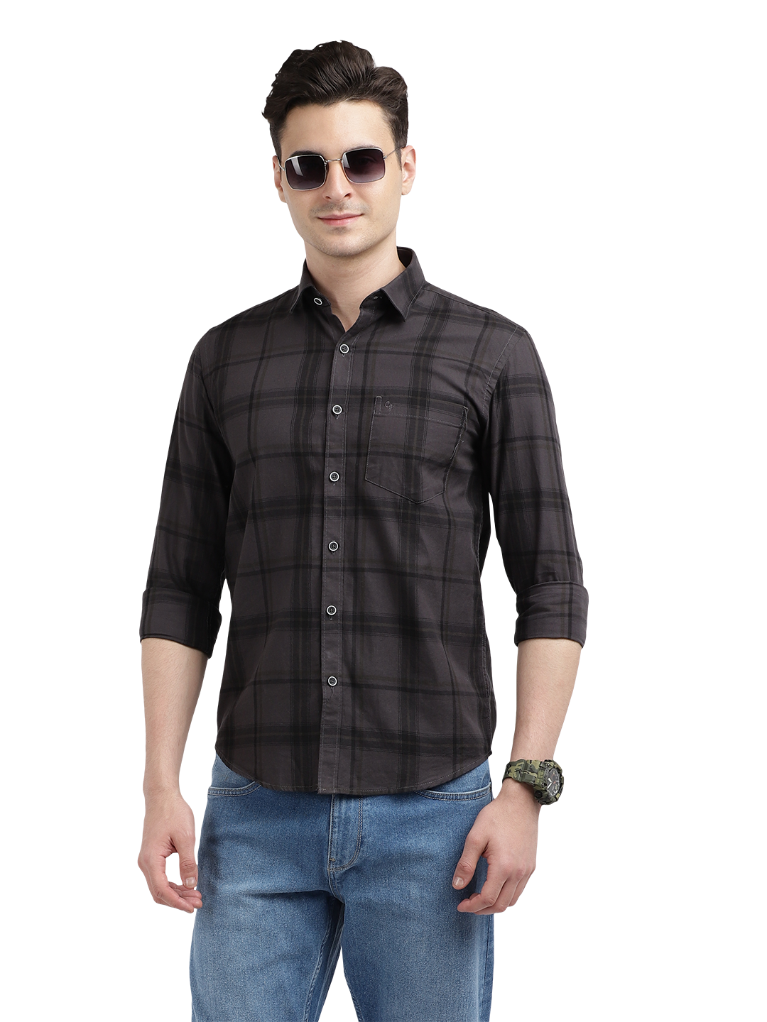 Model wearing Clarke Gable's Black Checked Casual Shirt in a casual setting