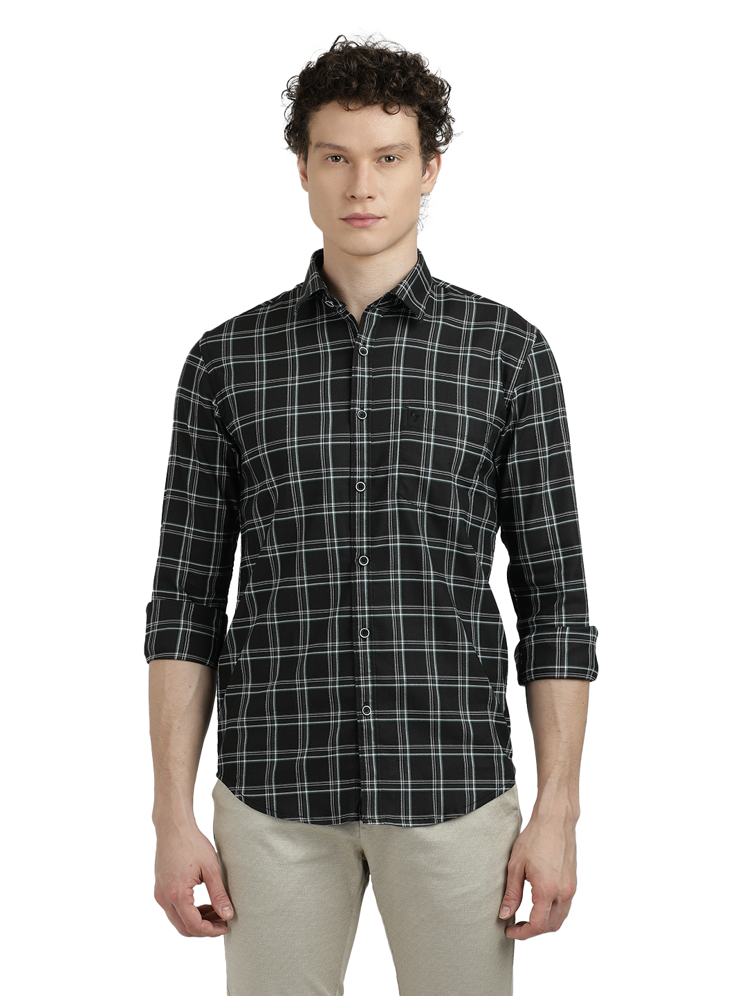Model wearing Clarke Gable's Black Checked Semi Casual Shirt in a casual setting