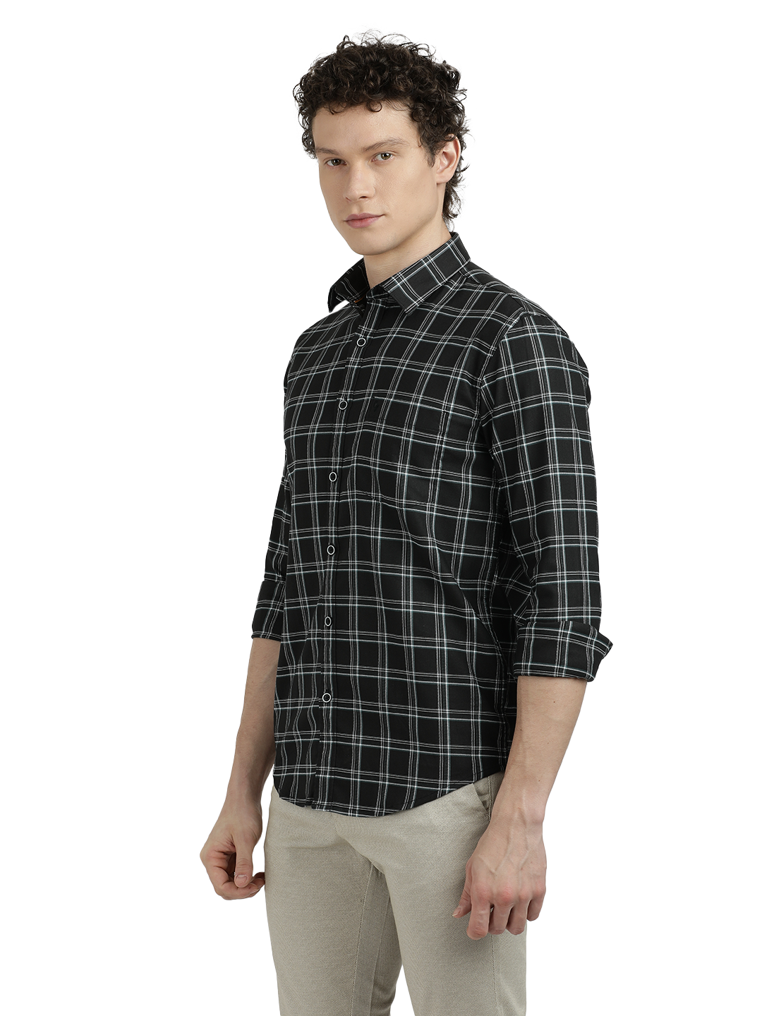 Model wearing Clarke Gable's Black Checked Semi Casual Shirt in a casual setting