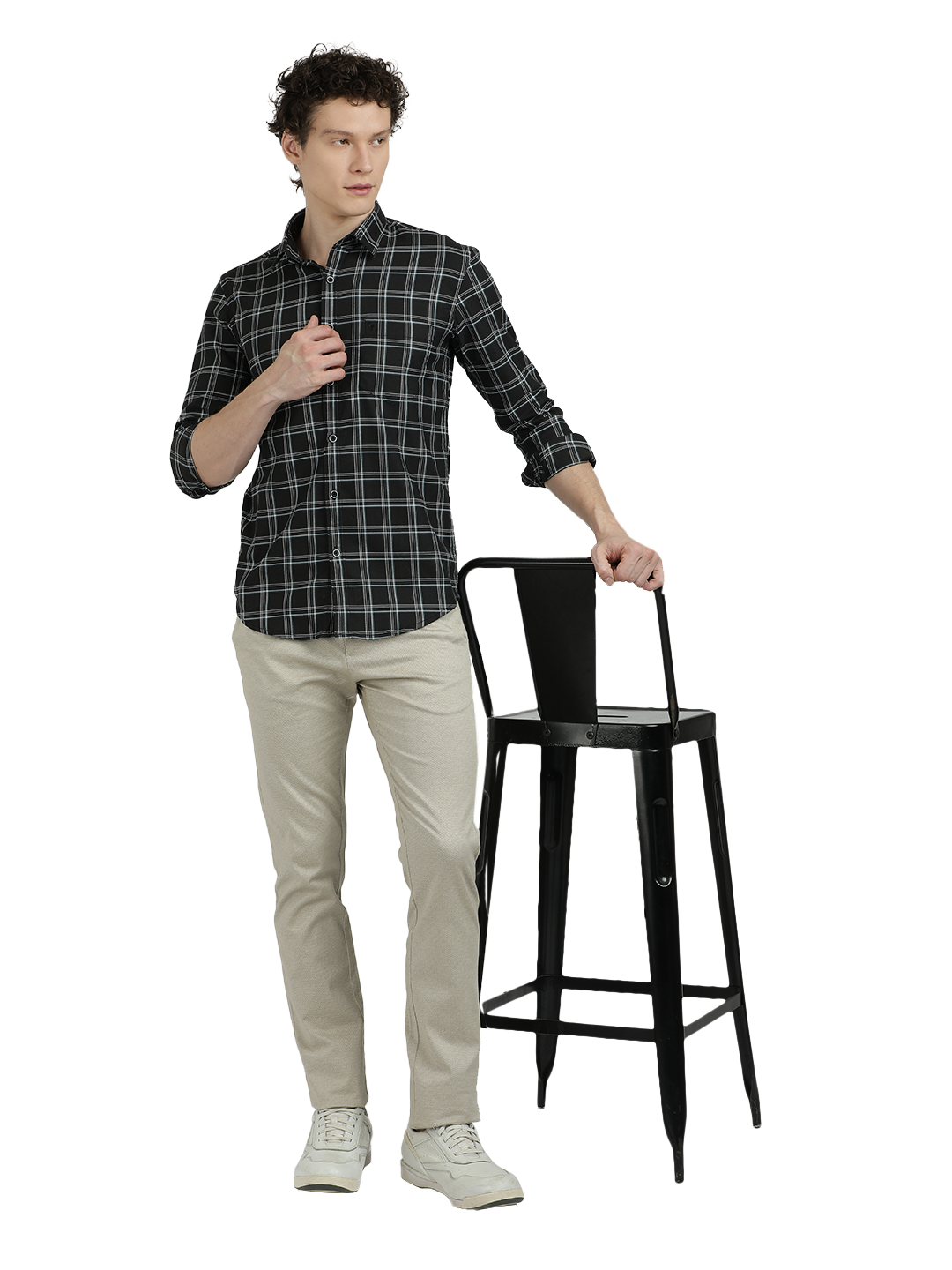 Model wearing Clarke Gable's Black Checked Semi Casual Shirt in a casual setting