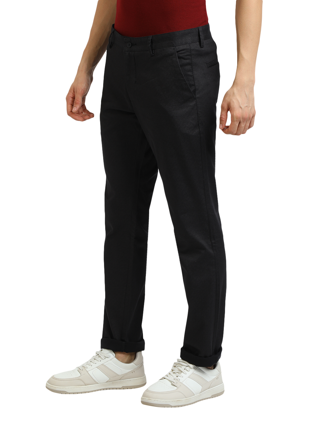 Model wearing Clarke Gable's Black Custom Fit Trousers in a casual setting