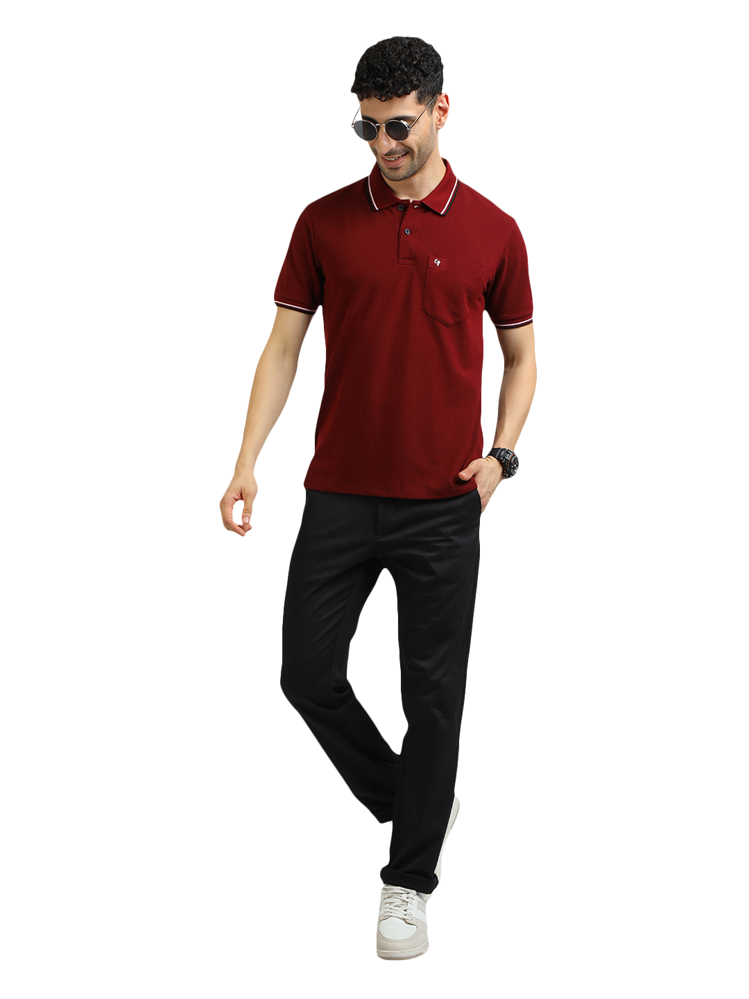 Model wearing Clarke Gable's Black Custom Fit Trousers in a casual setting