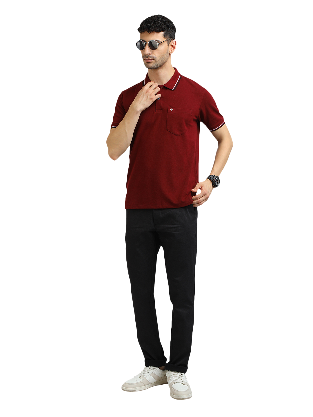 Model wearing Clarke Gable's Black Custom Fit Trousers in a casual setting