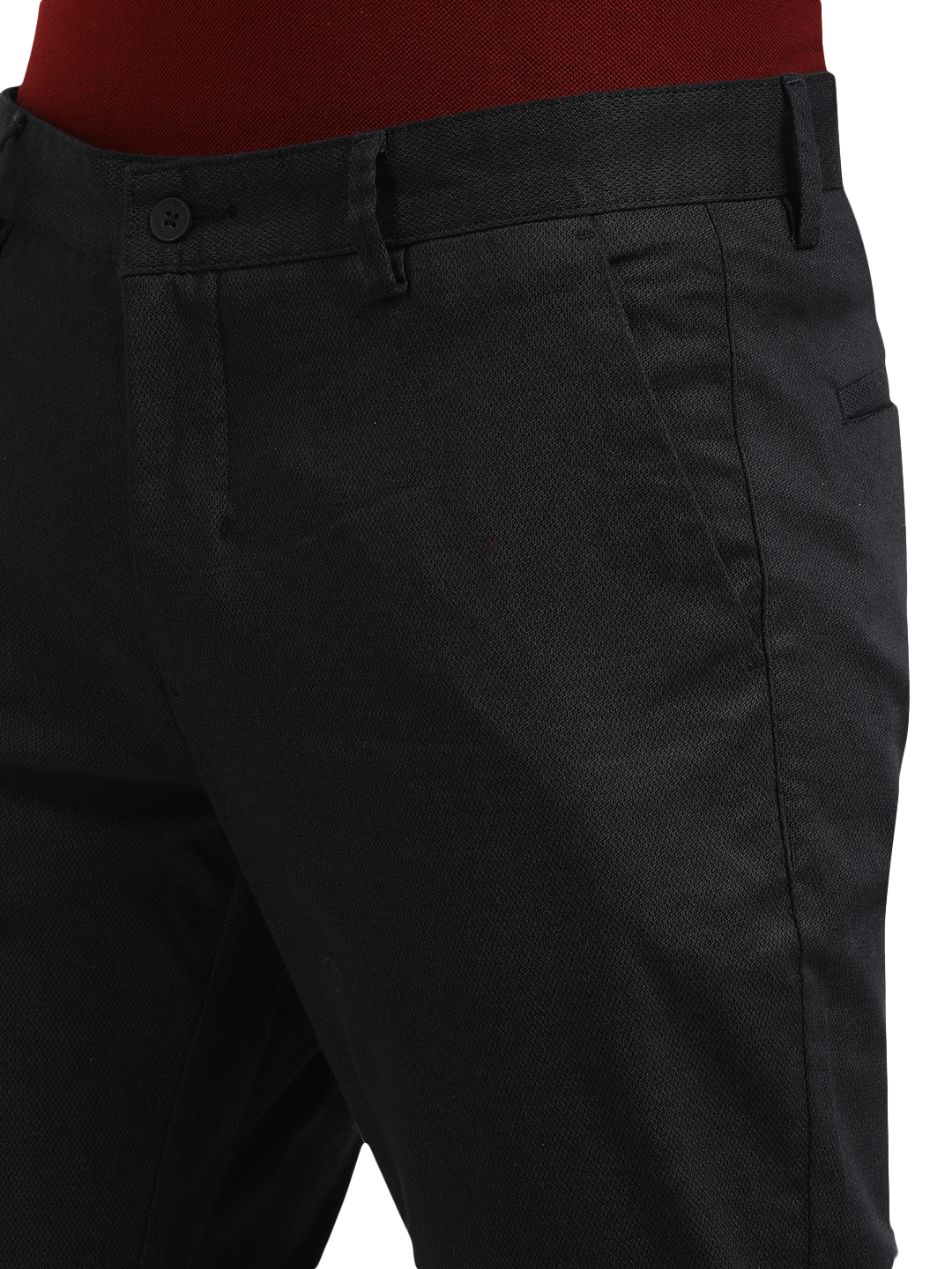 Model wearing Clarke Gable's Black Custom Fit Trousers in a casual setting