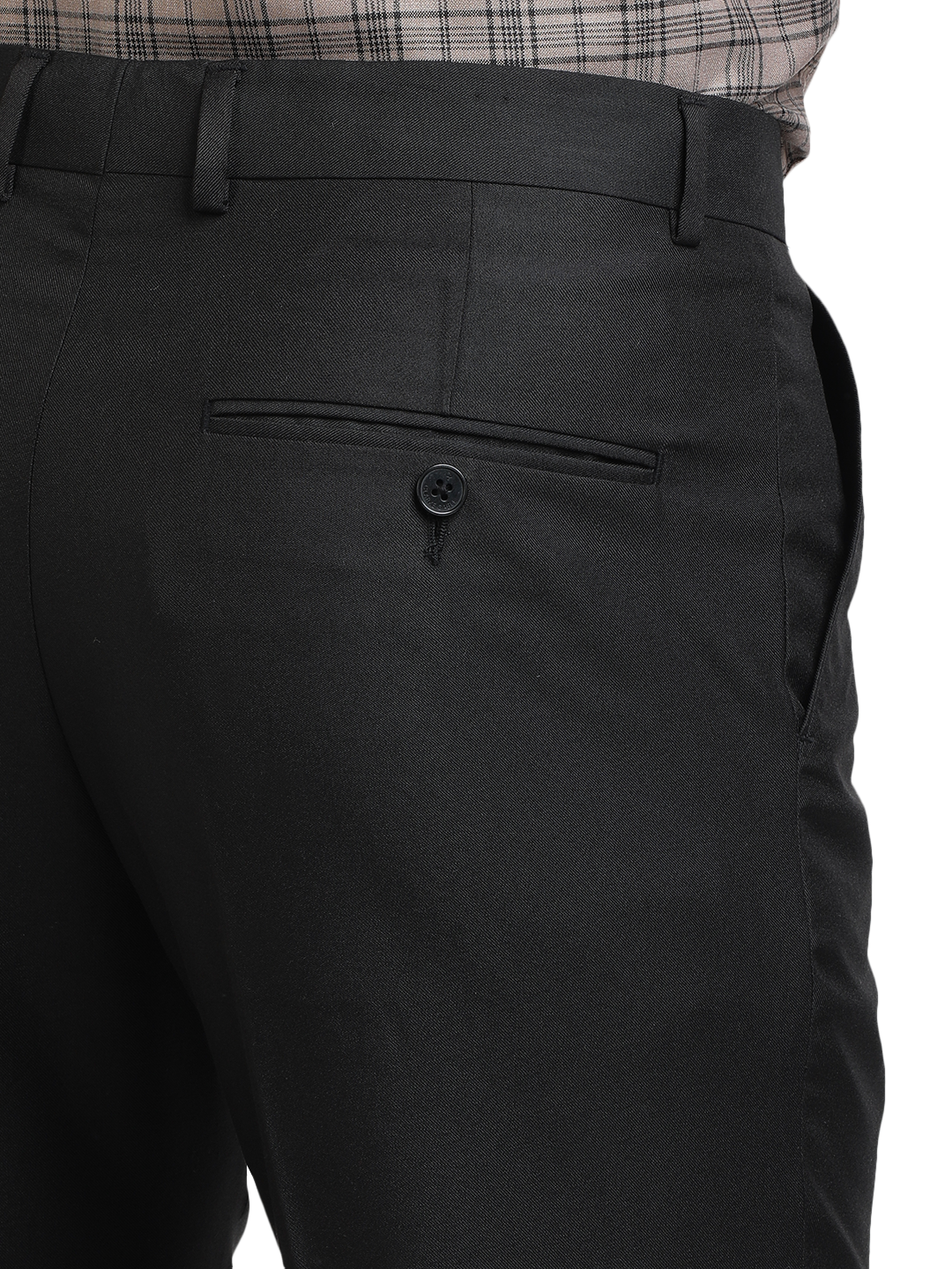 Model wearing Clarke Gable's Black Sharp Fit Trousers in a casual setting