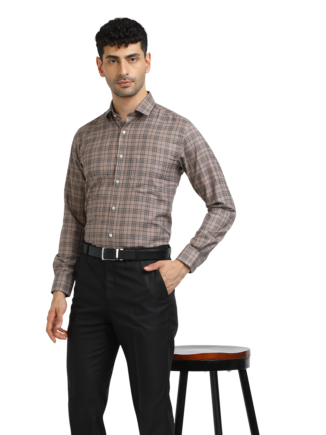 Model wearing Clarke Gable's Black Sharp Fit Trousers in a casual setting