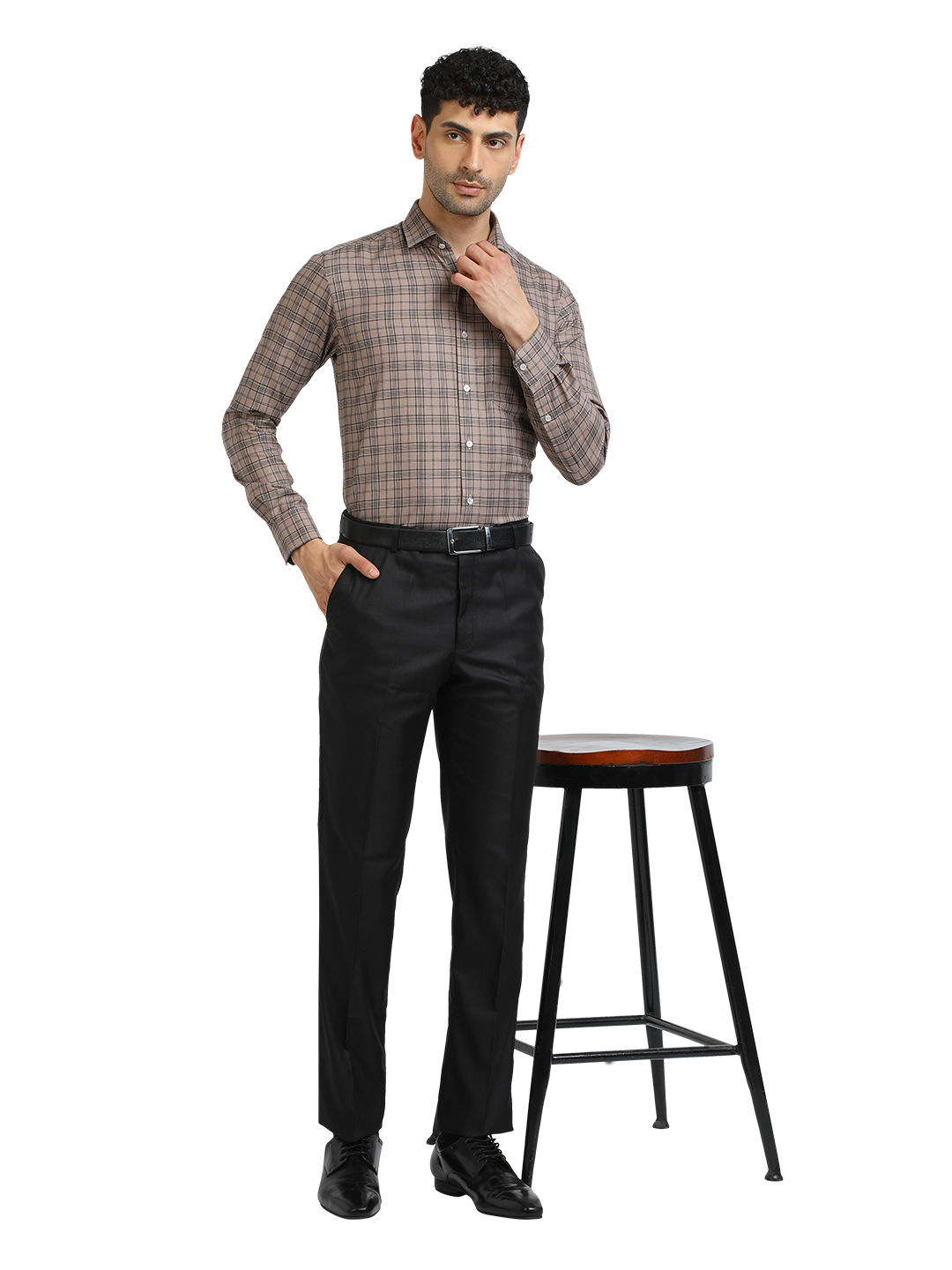 Model wearing Clarke Gable's Black Sharp Fit Trousers in a casual setting