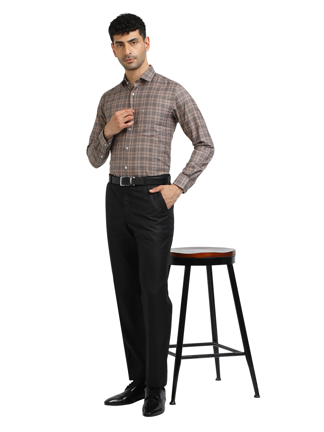 Model wearing Clarke Gable's Black Sharp Fit Trousers in a casual setting