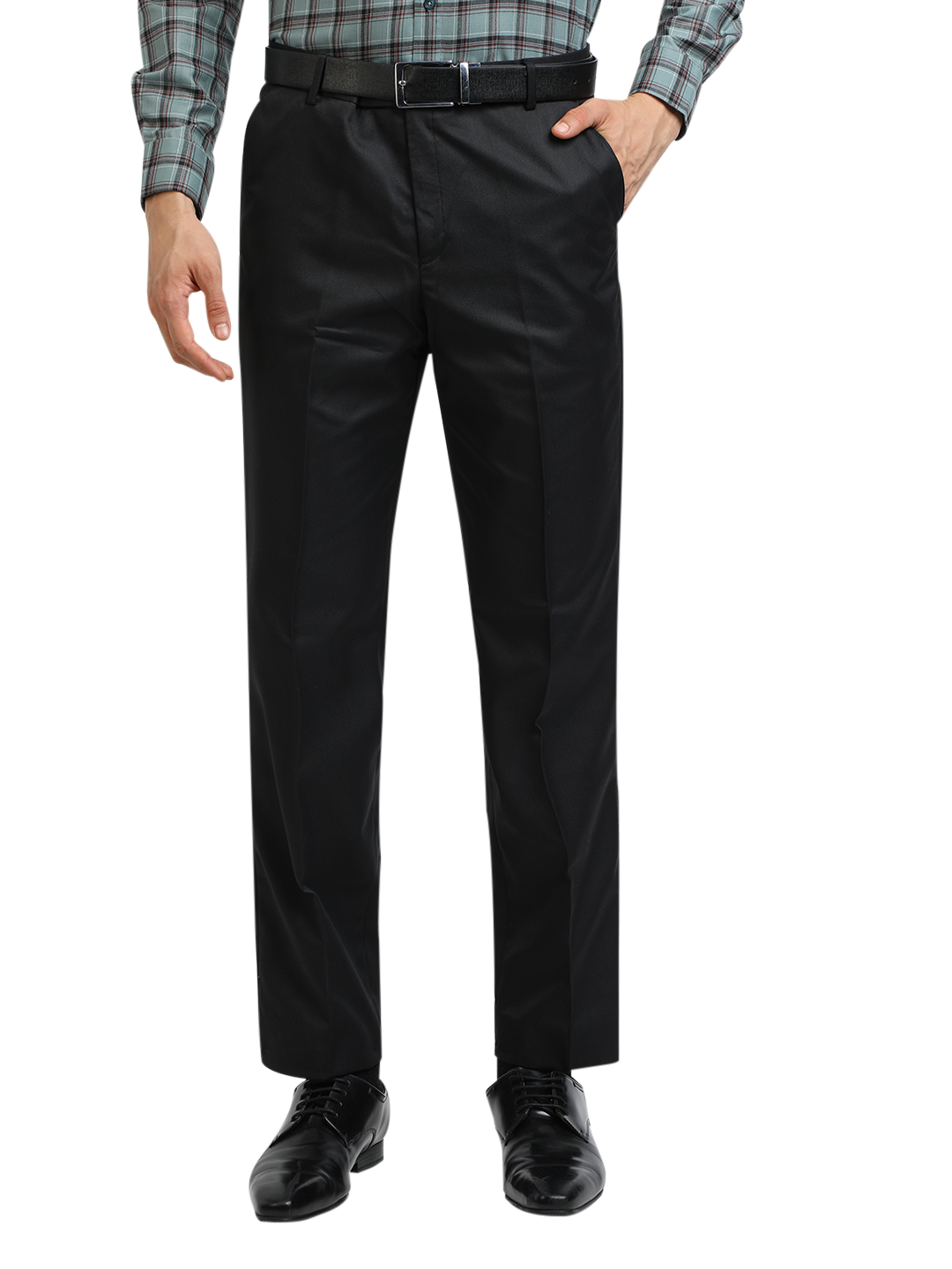 Model wearing Clarke Gable's Black Smart Fit Trousers in a casual setting