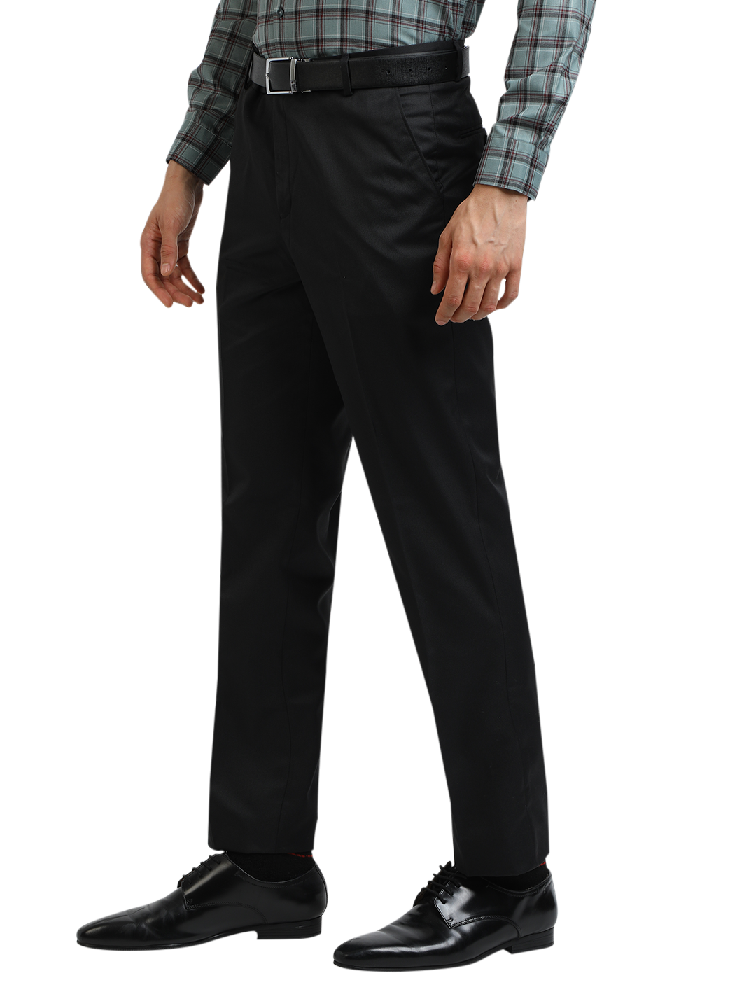 Model wearing Clarke Gable's Black Smart Fit Trousers in a casual setting