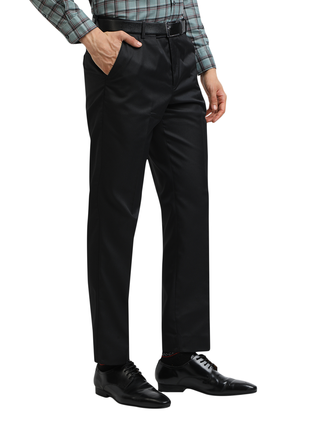 Model wearing Clarke Gable's Black Smart Fit Trousers in a casual setting