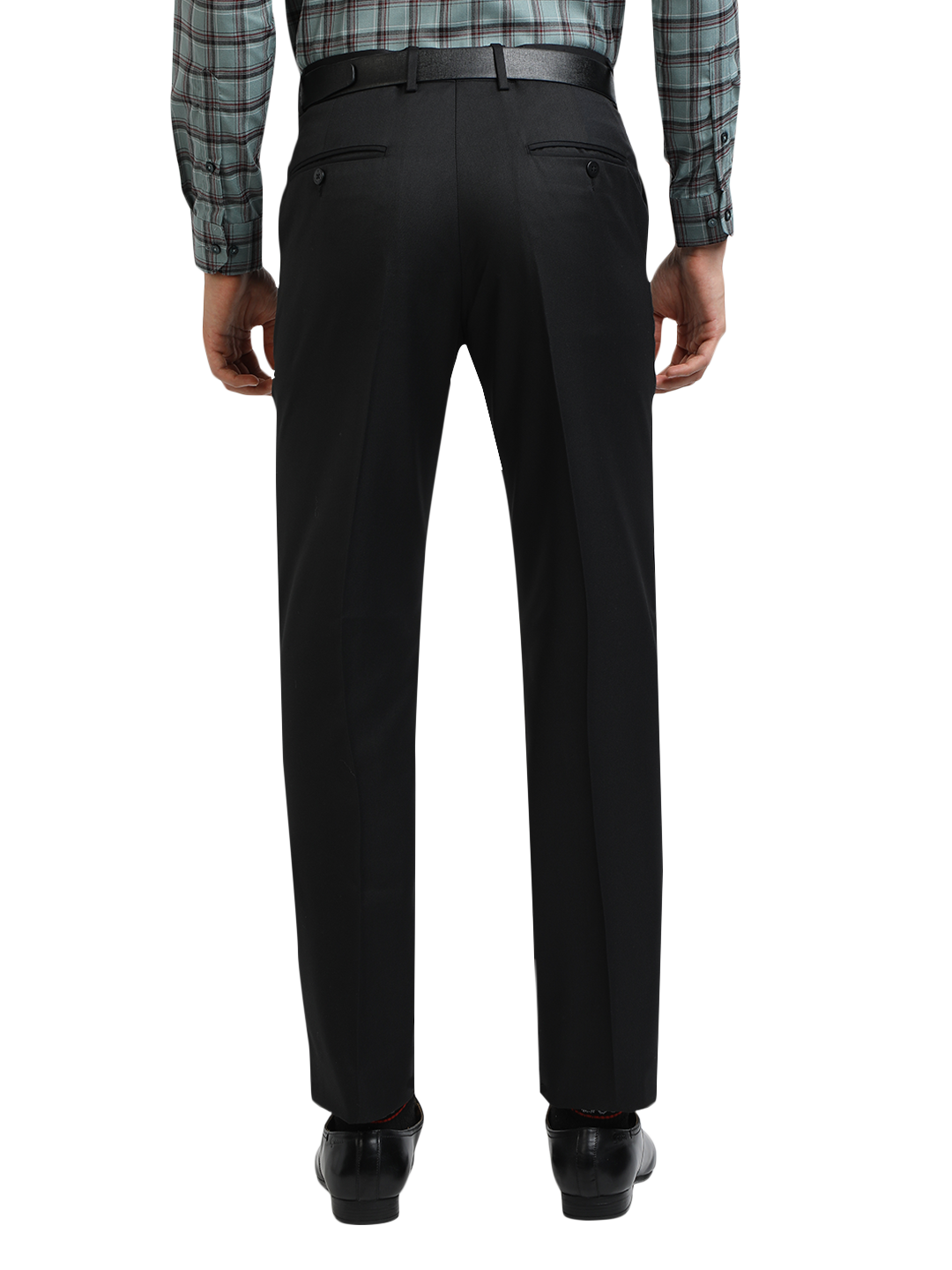 Model wearing Clarke Gable's Black Smart Fit Trousers in a casual setting