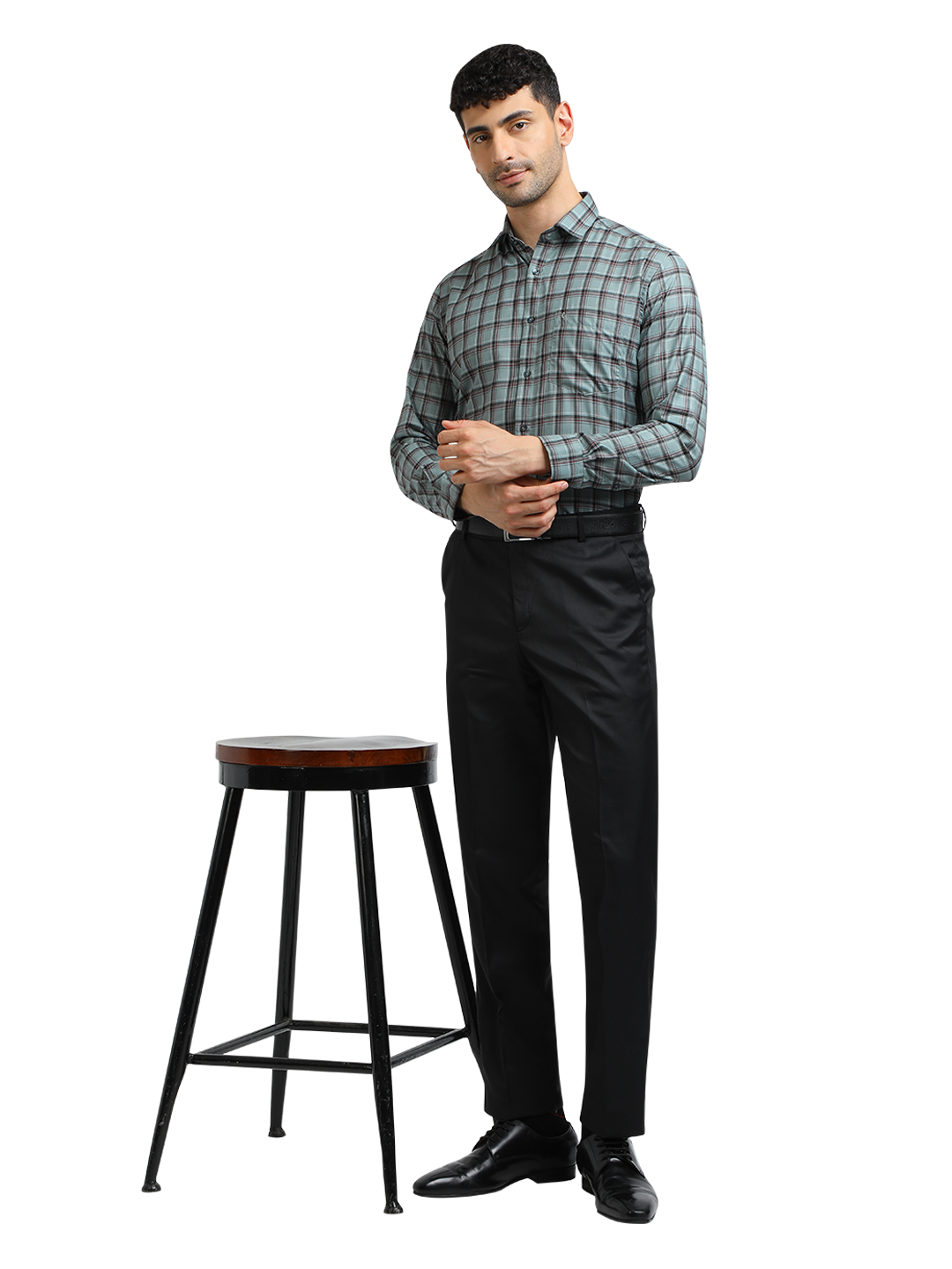Model wearing Clarke Gable's Black Smart Fit Trousers in a casual setting