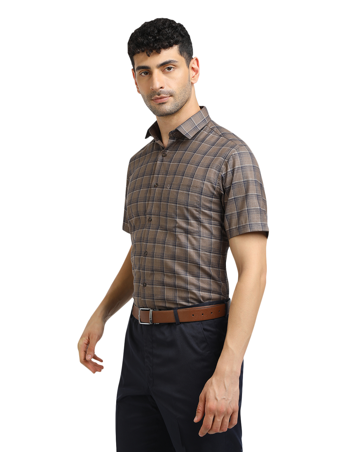 Model wearing Clarke Gable's Black With Brown Checked Formal Shirt in a casual setting