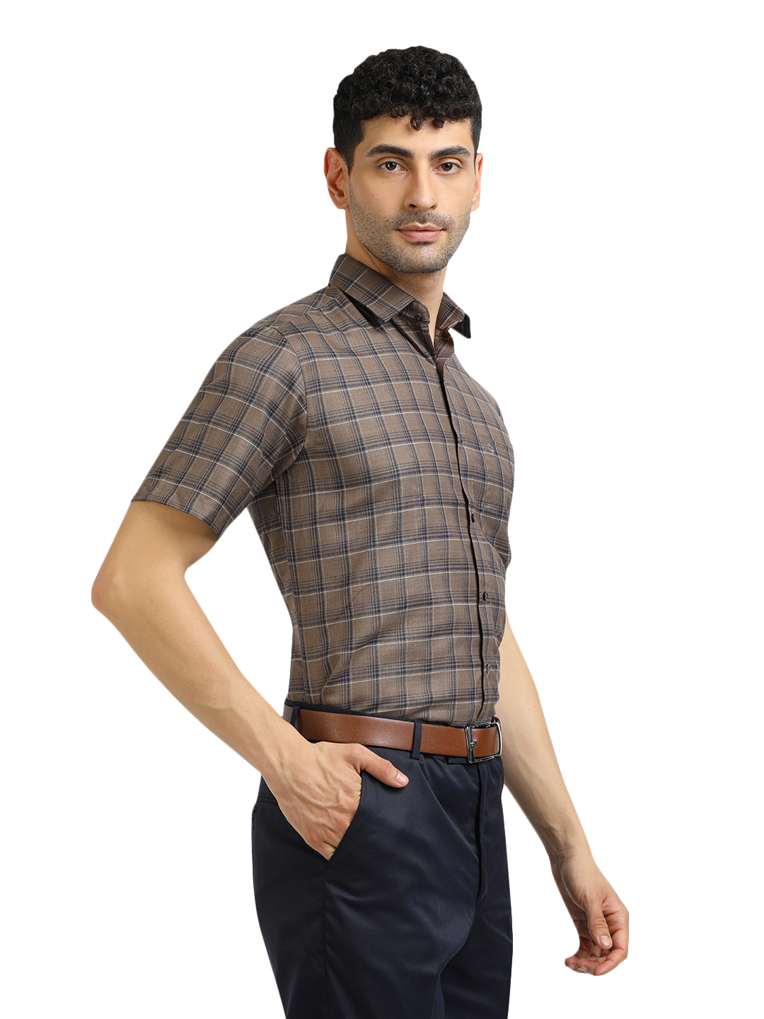 Model wearing Clarke Gable's Black With Brown Checked Formal Shirt in a casual setting