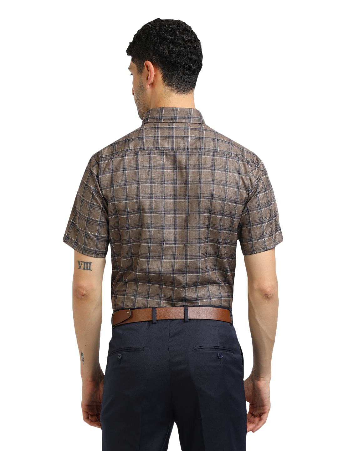 Model wearing Clarke Gable's Black With Brown Checked Formal Shirt in a casual setting