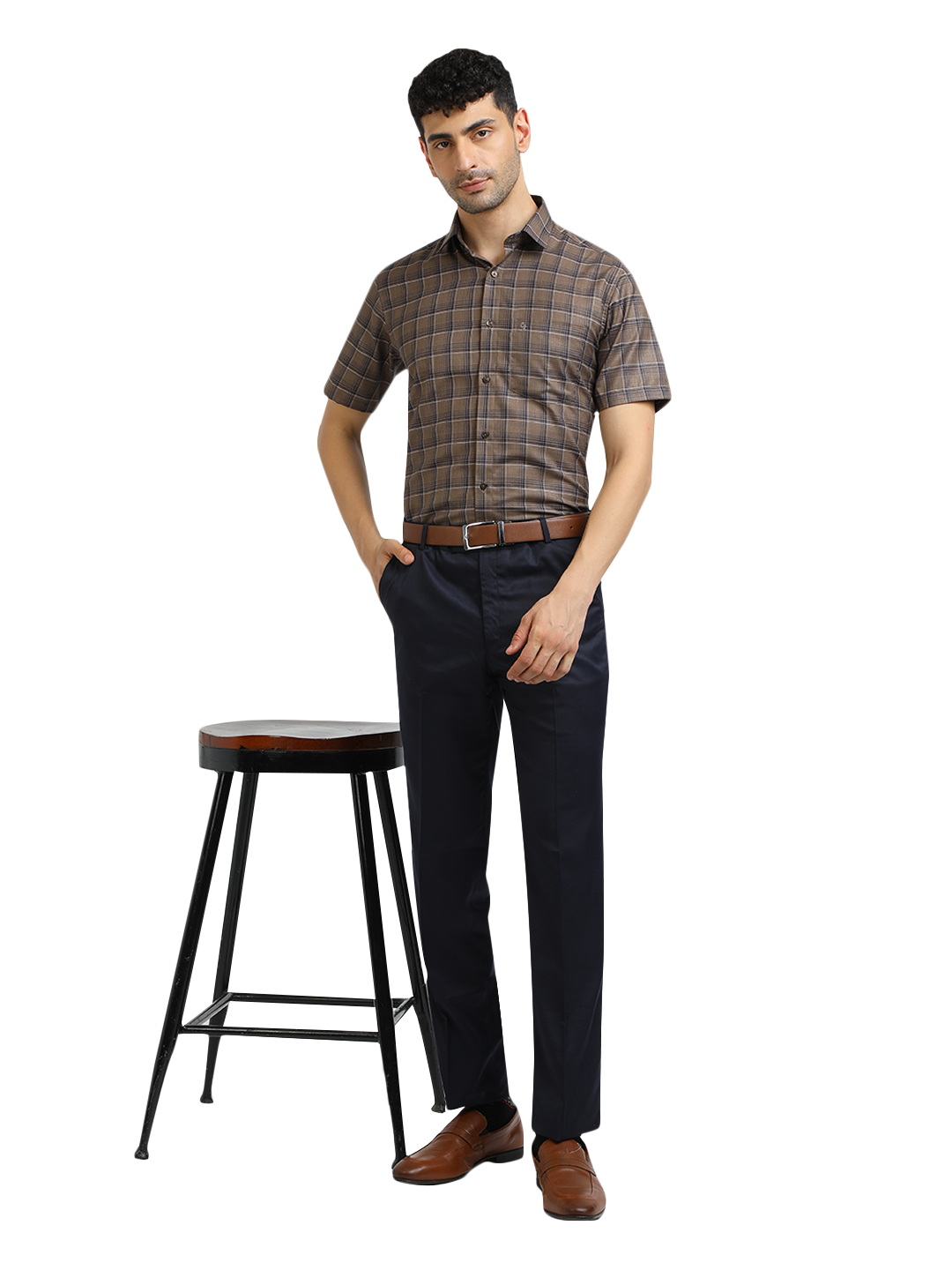 Model wearing Clarke Gable's Black With Brown Checked Formal Shirt in a casual setting