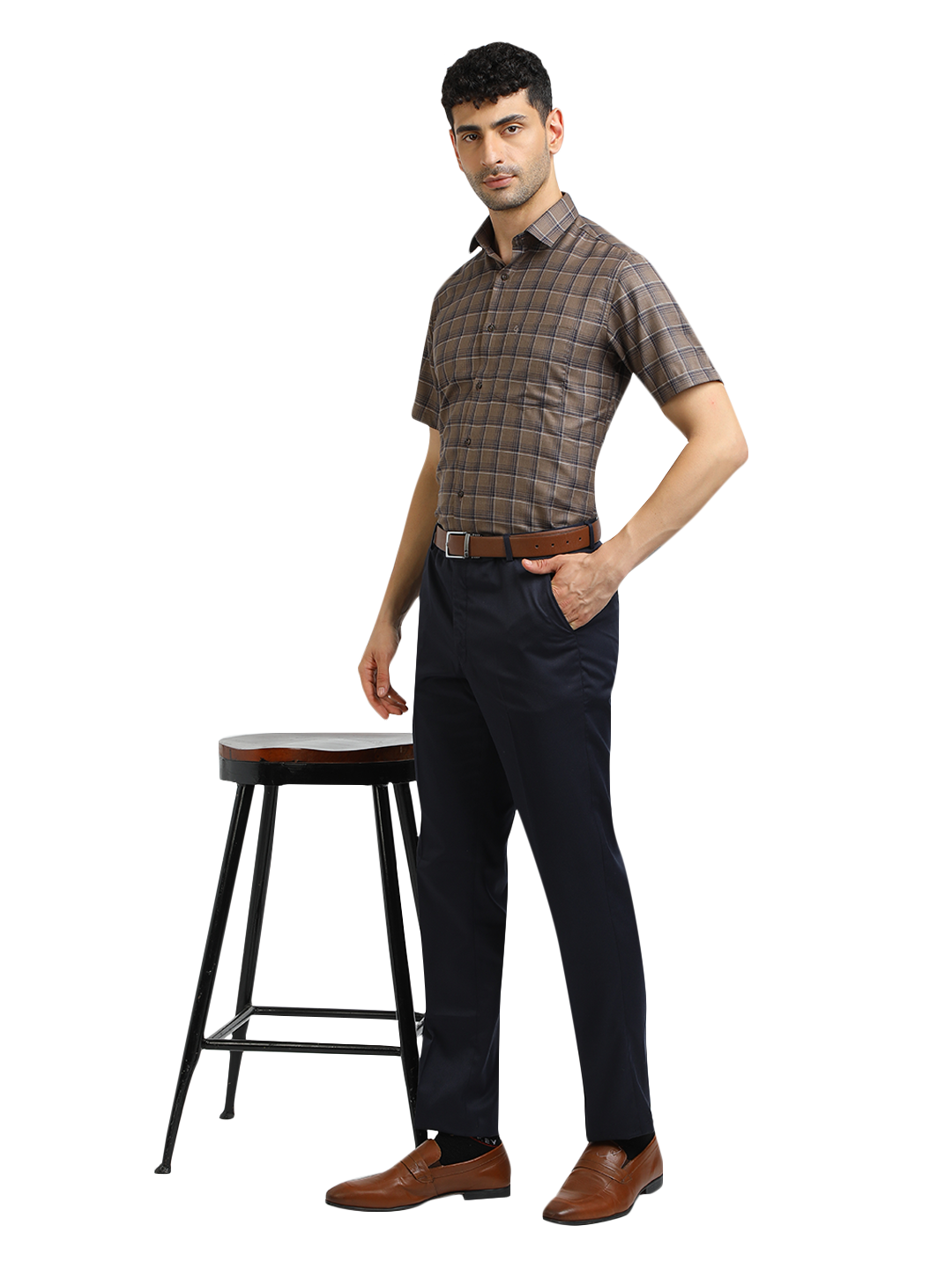 Model wearing Clarke Gable's Black With Brown Checked Formal Shirt in a casual setting