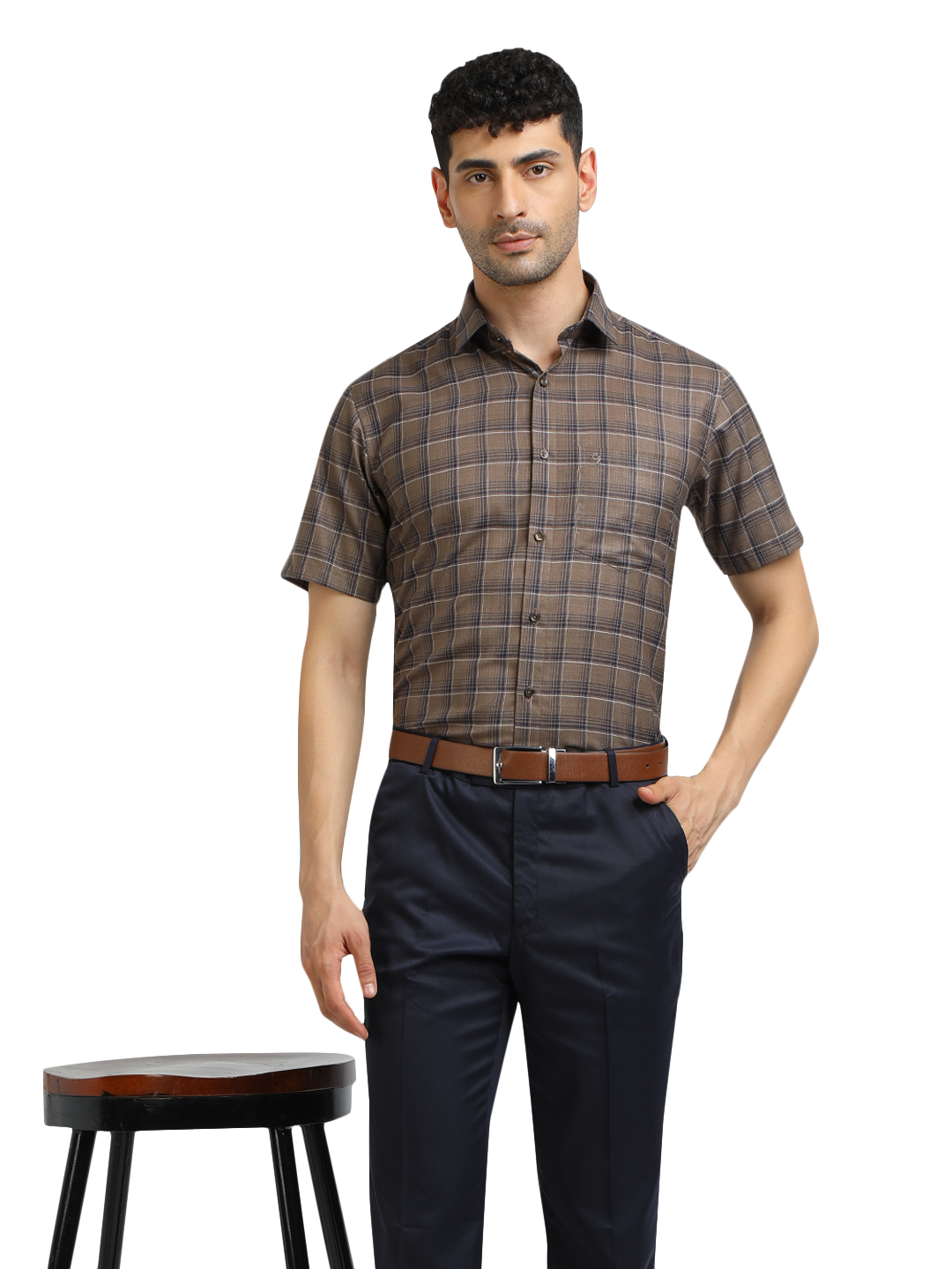 Model wearing Clarke Gable's Black With Brown Checked Formal Shirt in a casual setting