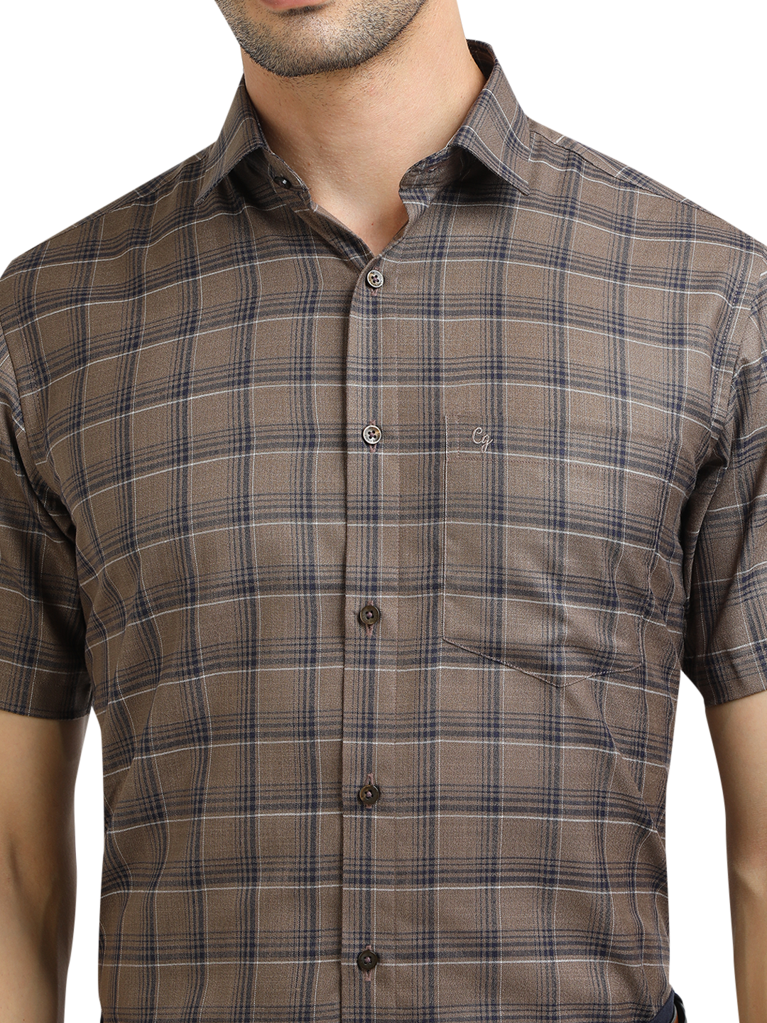 Model wearing Clarke Gable's Black With Brown Checked Formal Shirt in a casual setting