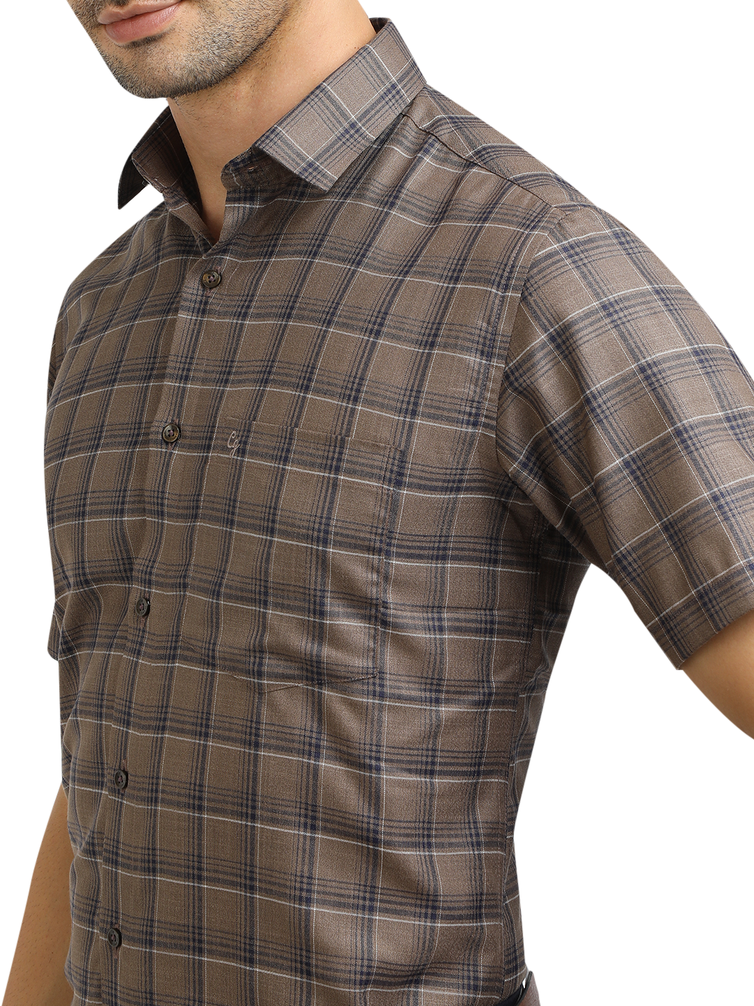 Model wearing Clarke Gable's Black With Brown Checked Formal Shirt in a casual setting