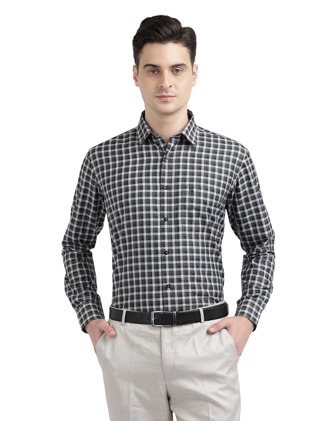 Model wearing Clarke Gable's Black With Light Grey Checked Formal Shirt in a casual setting