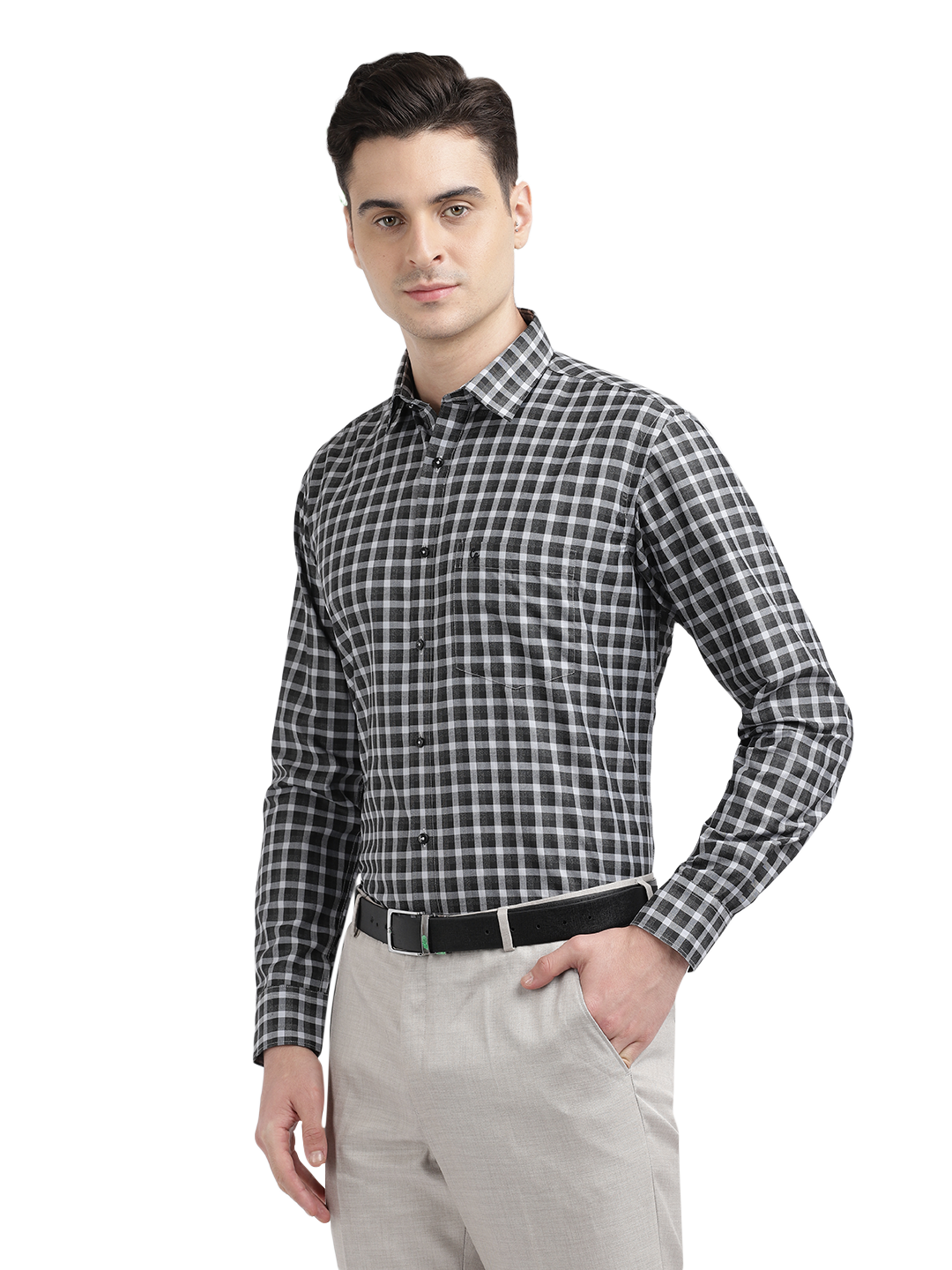 Model wearing Clarke Gable's Black With Light Grey Checked Formal Shirt in a casual setting