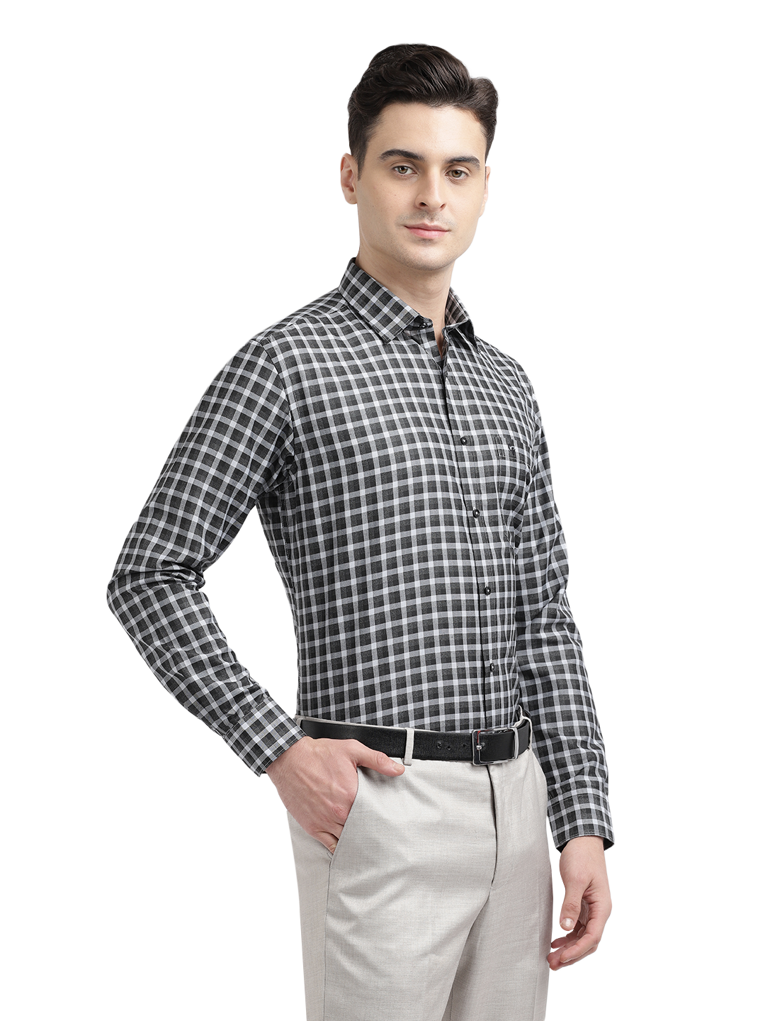 Model wearing Clarke Gable's Black With Light Grey Checked Formal Shirt in a casual setting