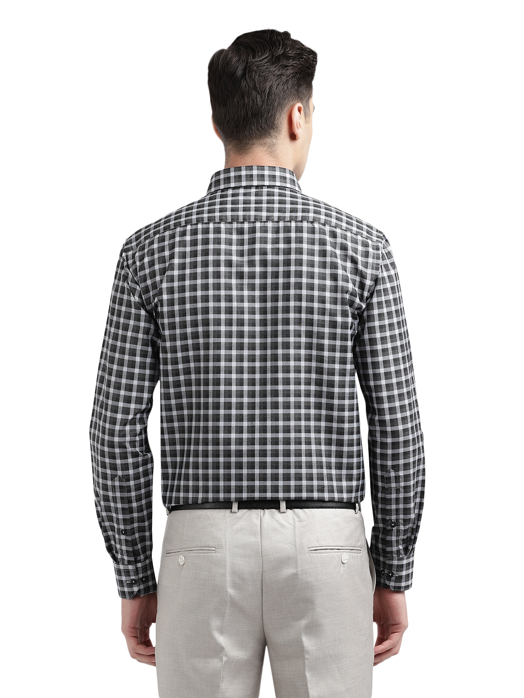 Model wearing Clarke Gable's Black With Light Grey Checked Formal Shirt in a casual setting
