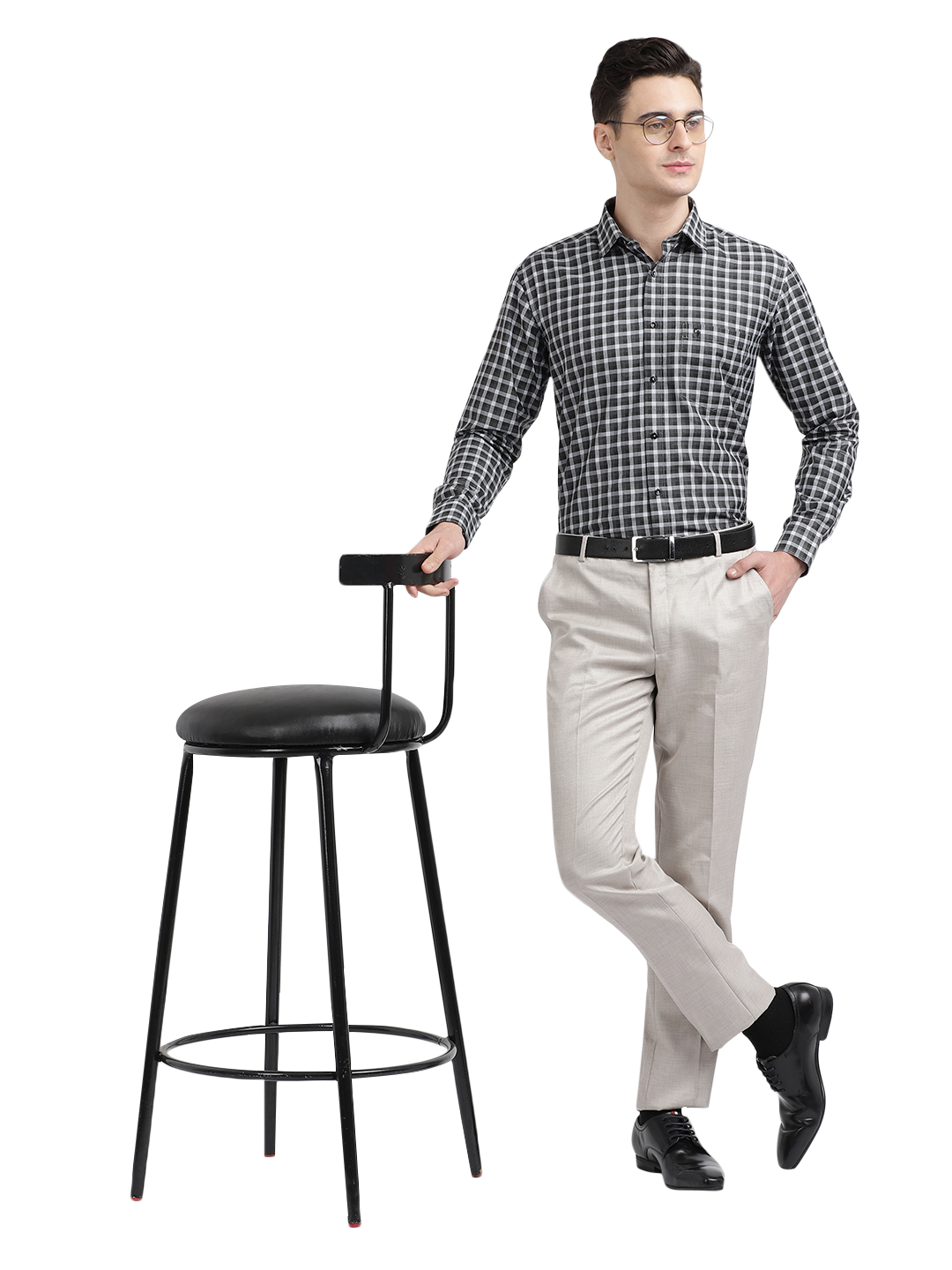 Model wearing Clarke Gable's Black With Light Grey Checked Formal Shirt in a casual setting