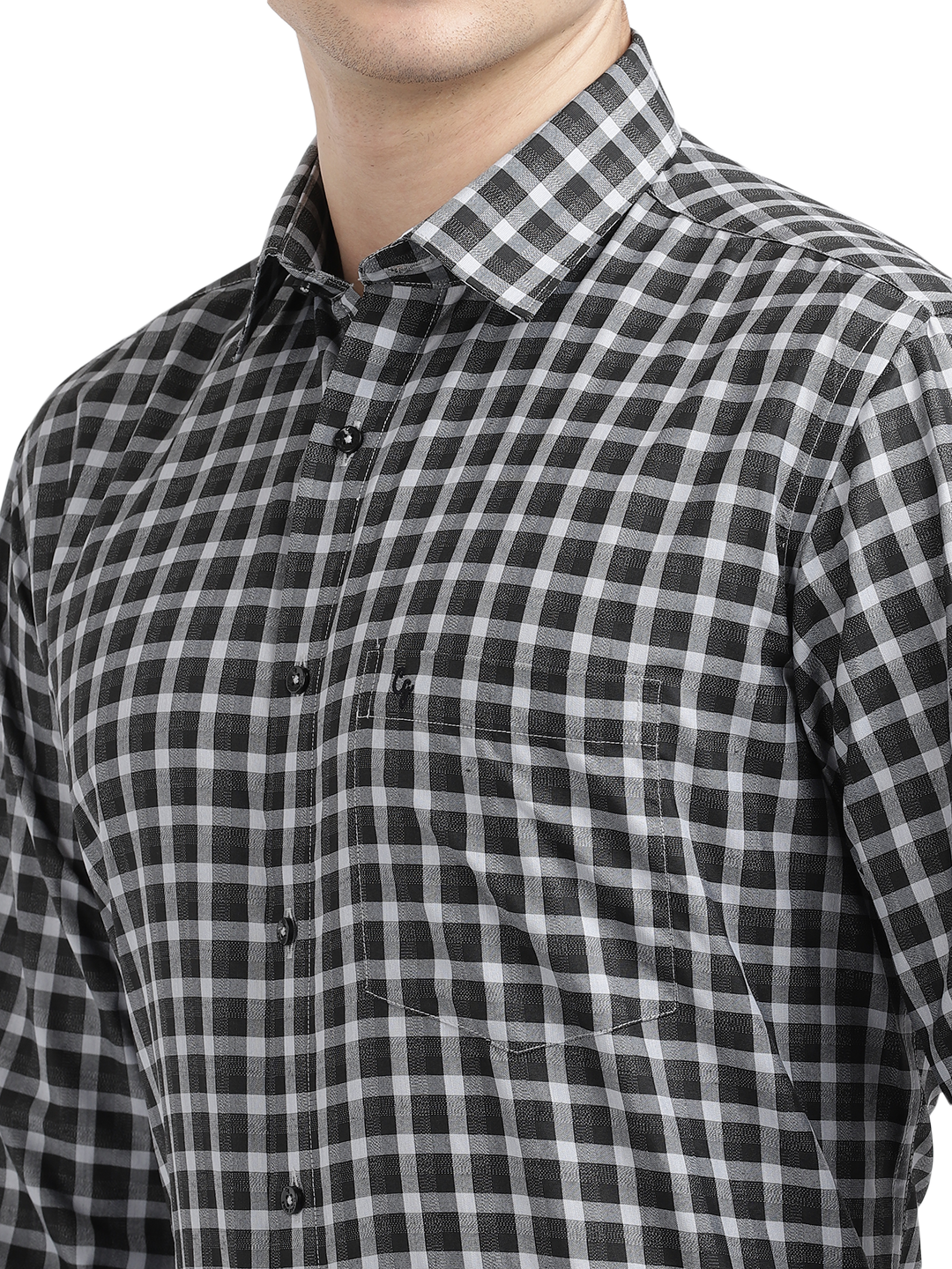 Model wearing Clarke Gable's Black With Light Grey Checked Formal Shirt in a casual setting