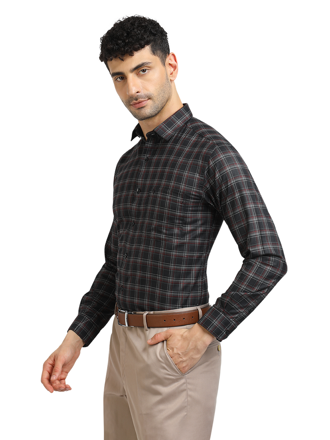 Model wearing Clarke Gable's Black With Maroon Checked Formal Shirt in a casual setting