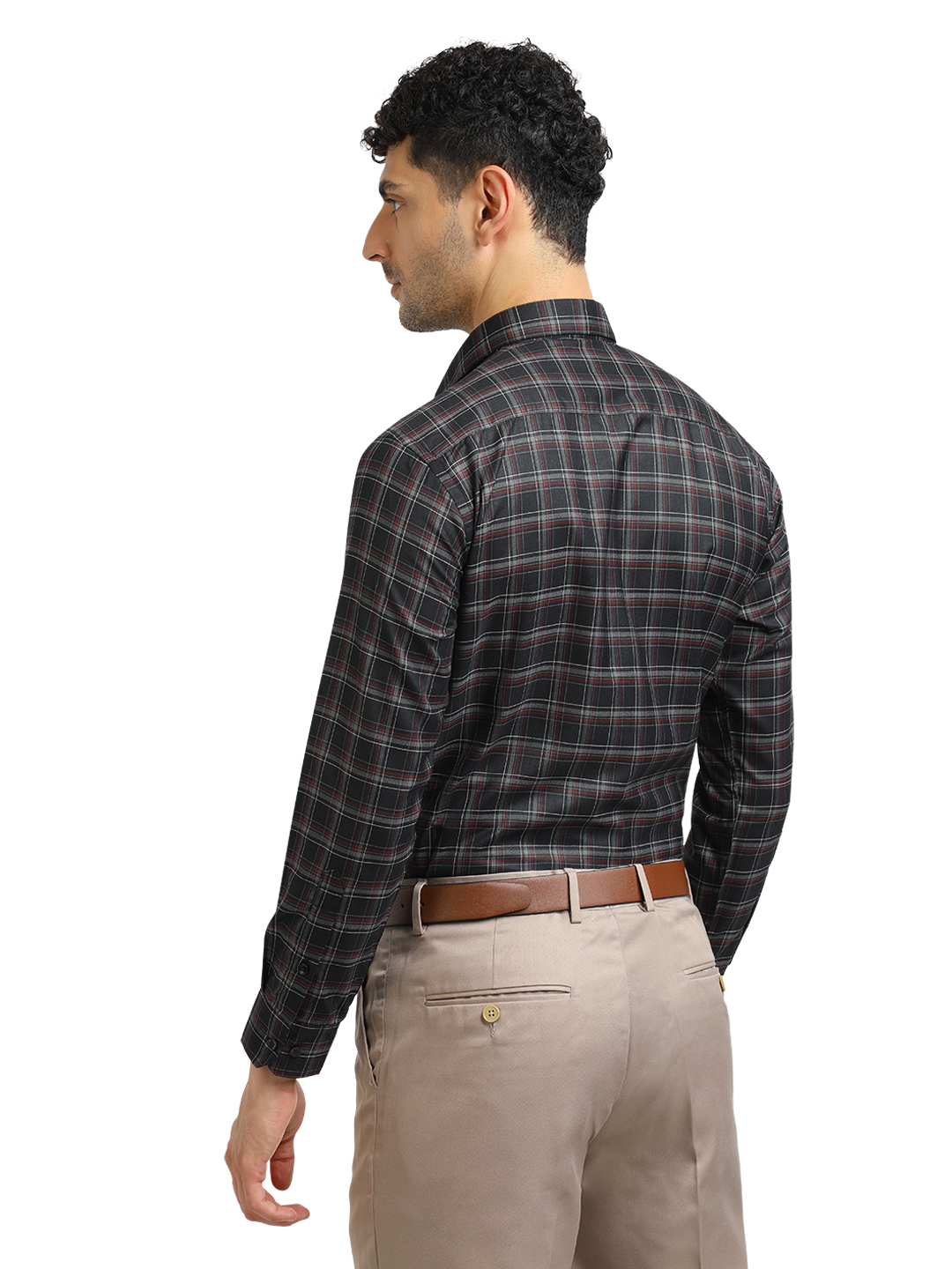 Model wearing Clarke Gable's Black With Maroon Checked Formal Shirt in a casual setting