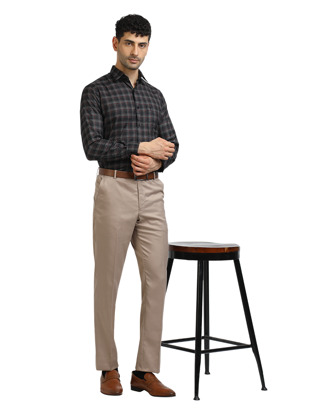 Model wearing Clarke Gable's Black With Maroon Checked Formal Shirt in a casual setting