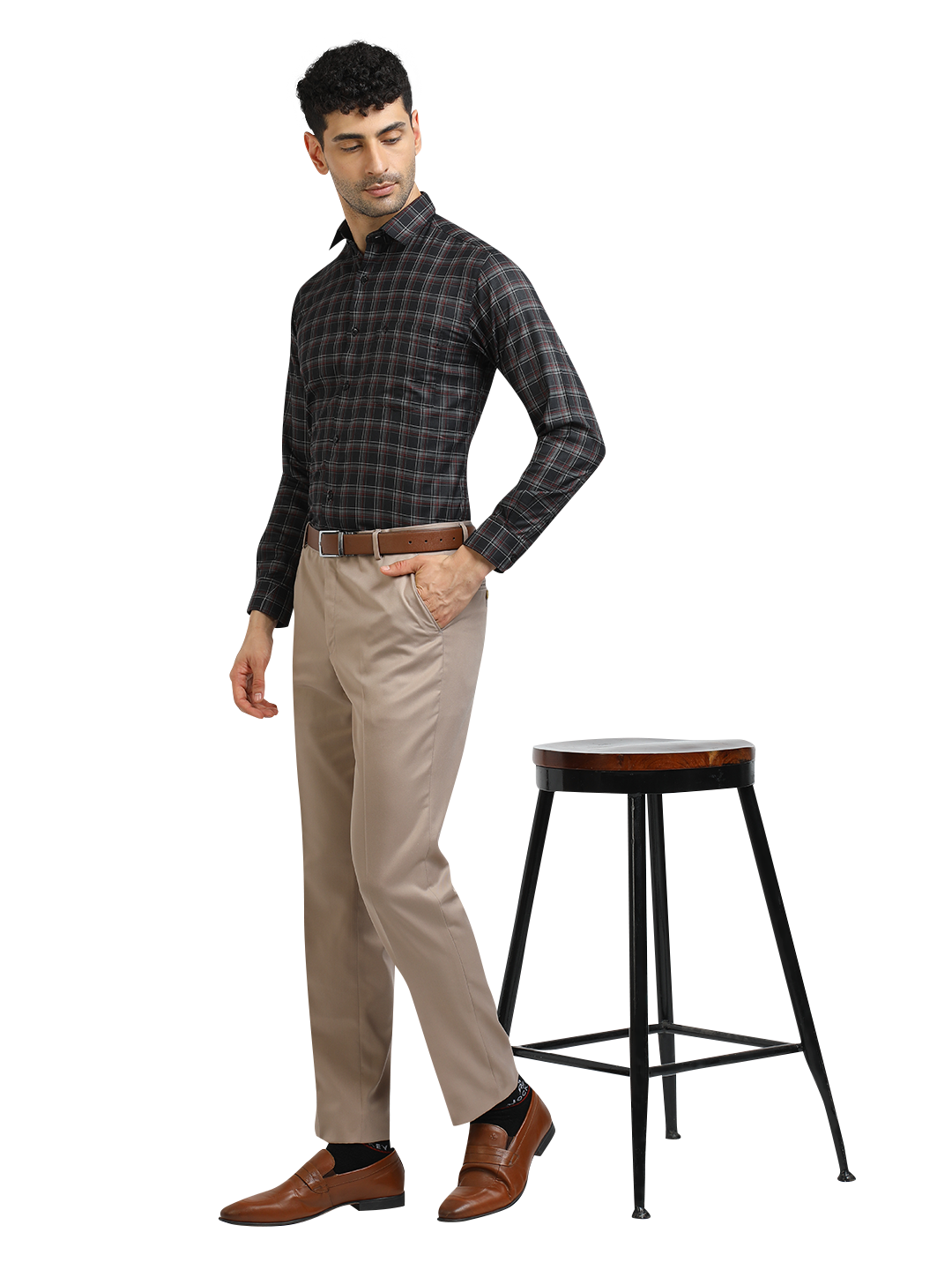 Model wearing Clarke Gable's Black With Maroon Checked Formal Shirt in a casual setting