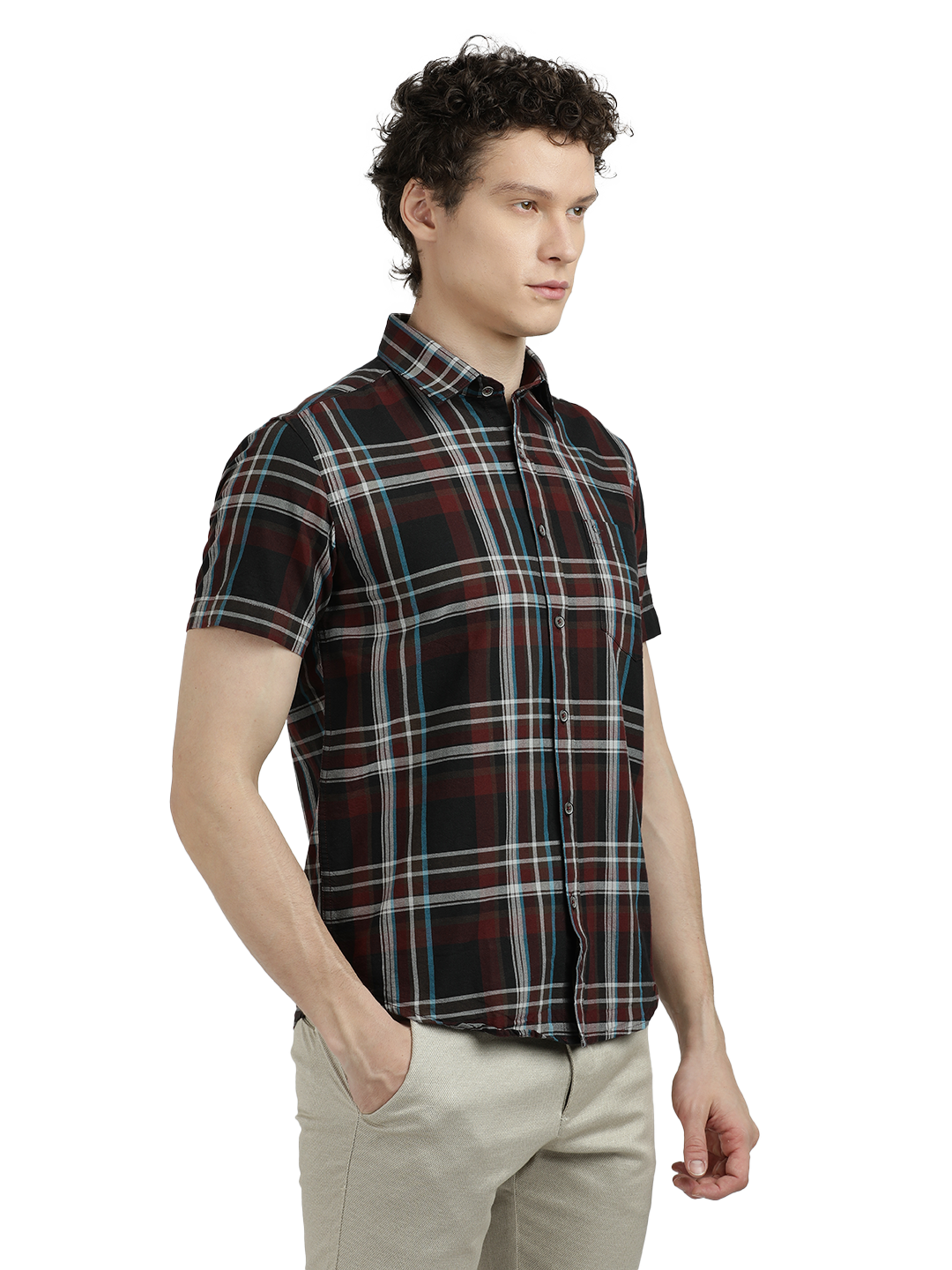 Model wearing Clarke Gable's Black With Maroon Checked Semi Casual Shirt in a casual setting