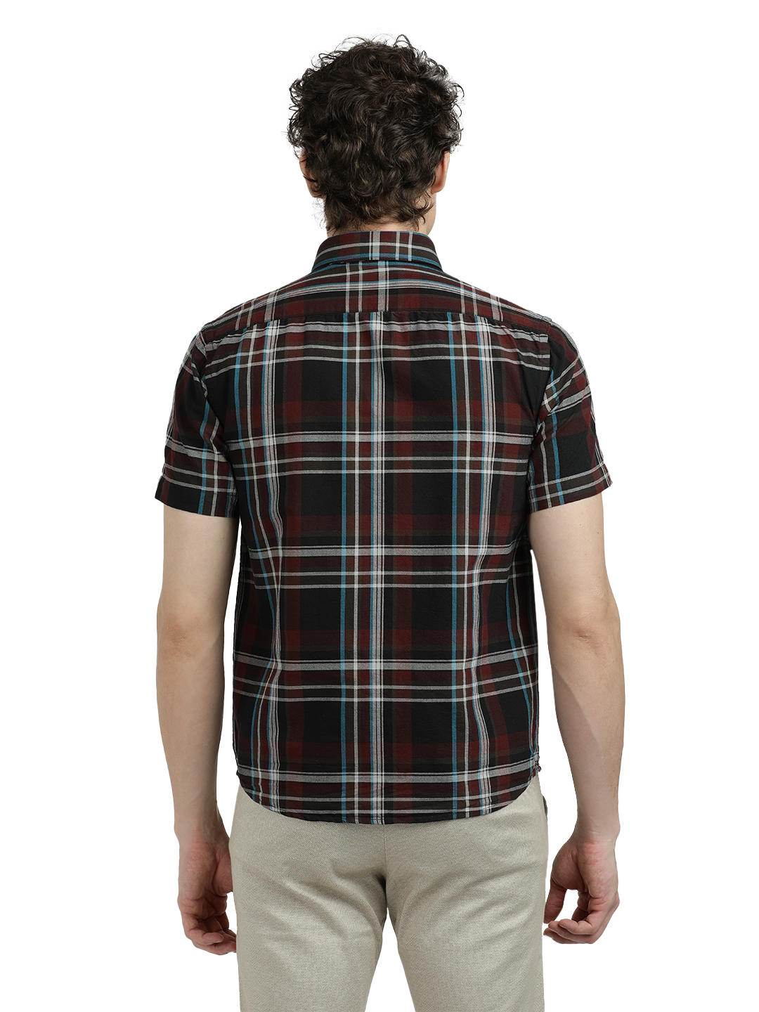 Model wearing Clarke Gable's Black With Maroon Checked Semi Casual Shirt in a casual setting