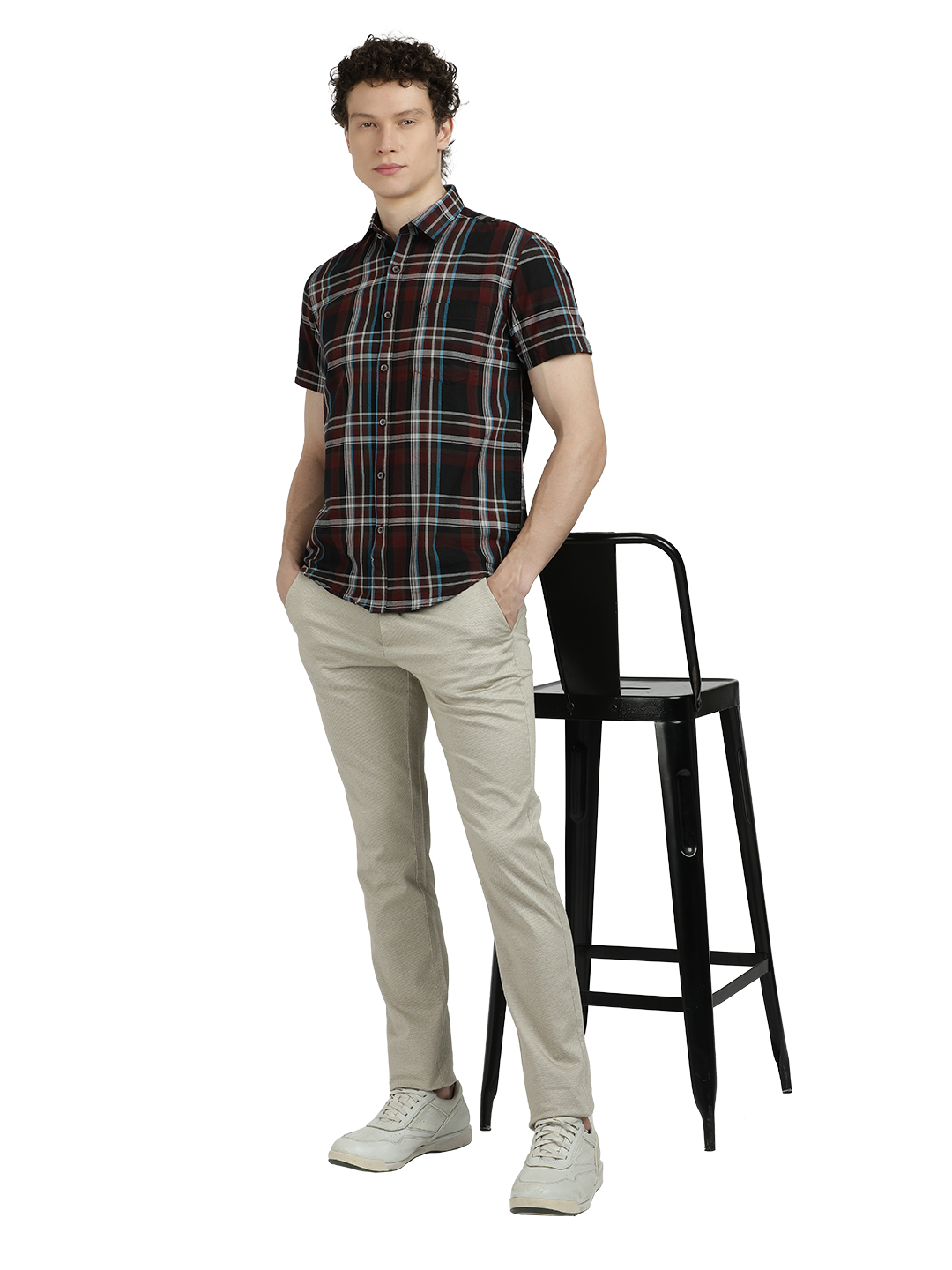 Model wearing Clarke Gable's Black With Maroon Checked Semi Casual Shirt in a casual setting