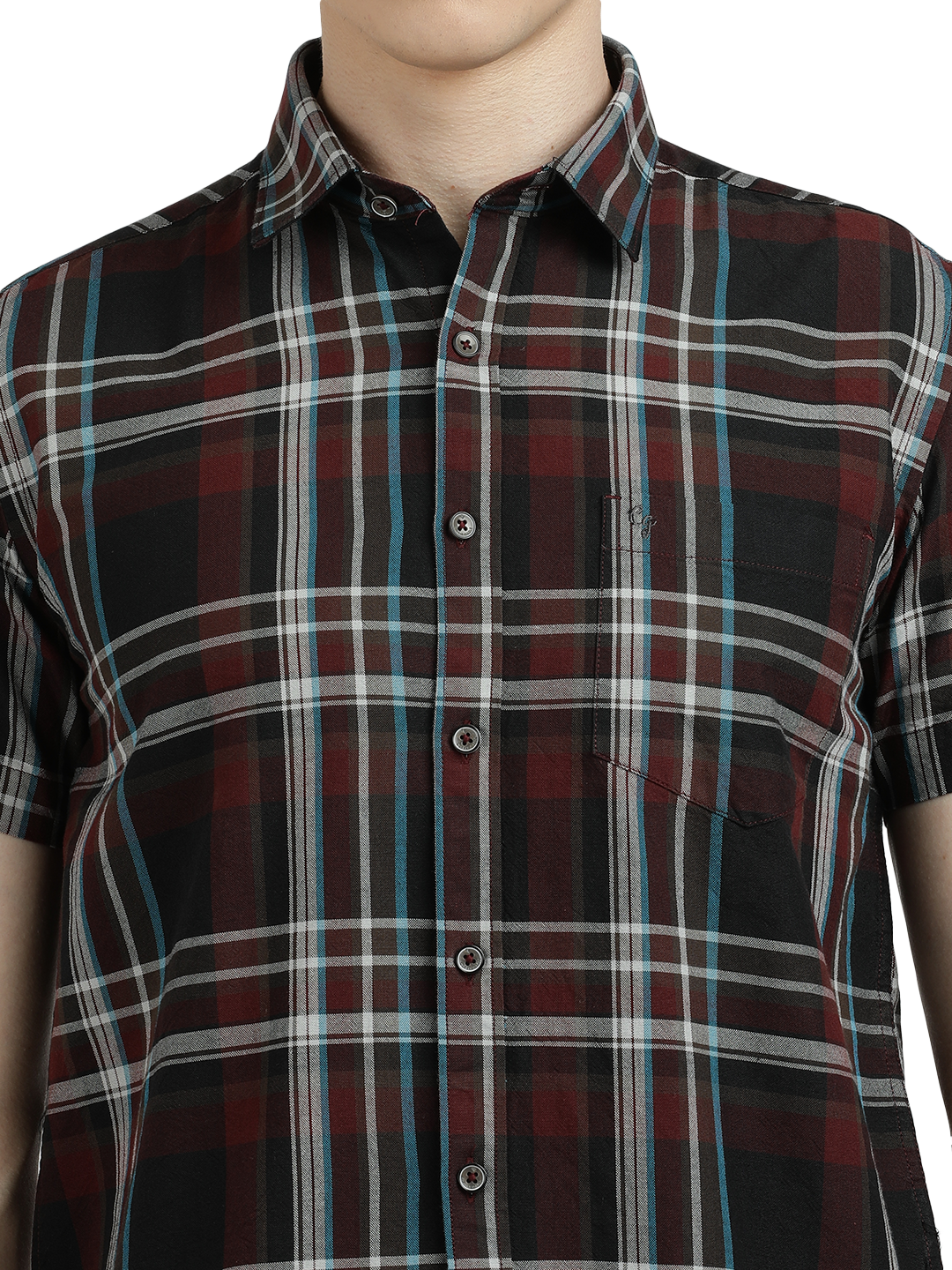 Model wearing Clarke Gable's Black With Maroon Checked Semi Casual Shirt in a casual setting