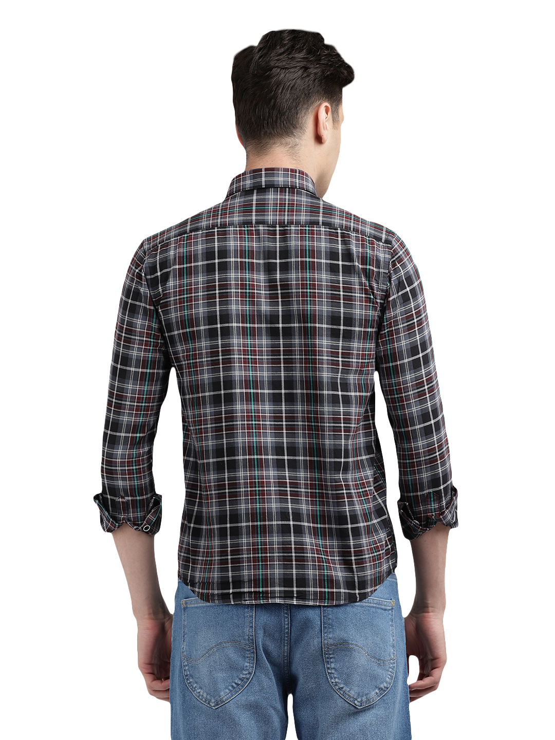 Model wearing Clarke Gable's Black With Red Checked Casual Shirt in a casual setting