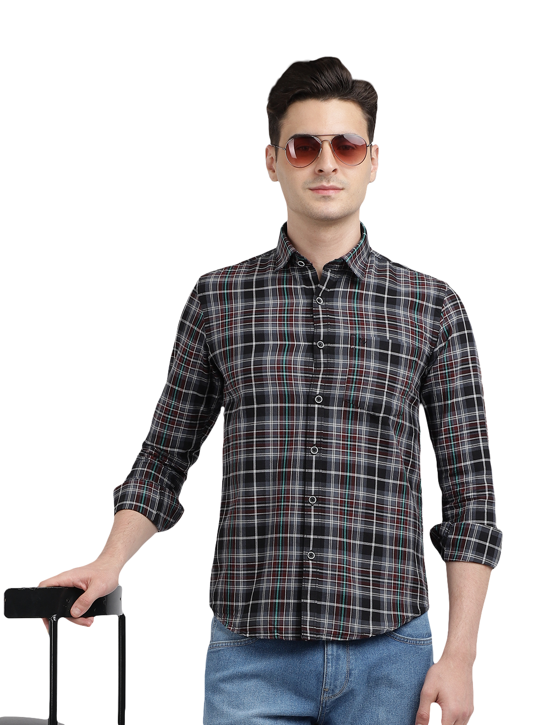 Model wearing Clarke Gable's Black With Red Checked Casual Shirt in a casual setting