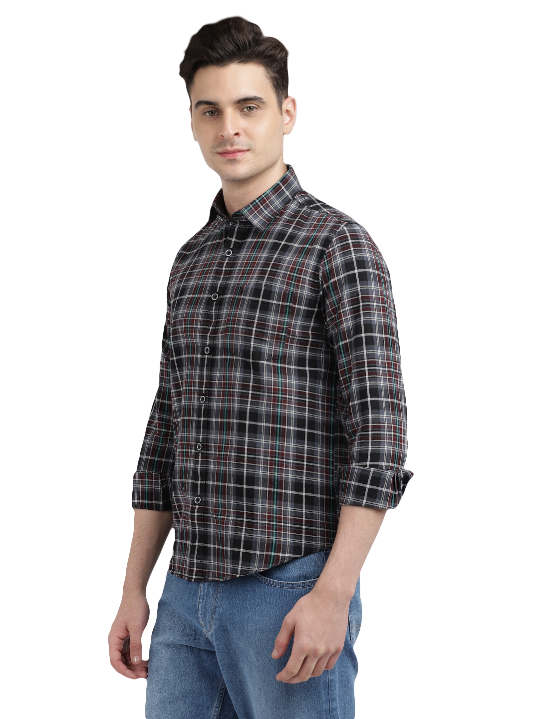 Model wearing Clarke Gable's Black With Red Checked Casual Shirt in a casual setting