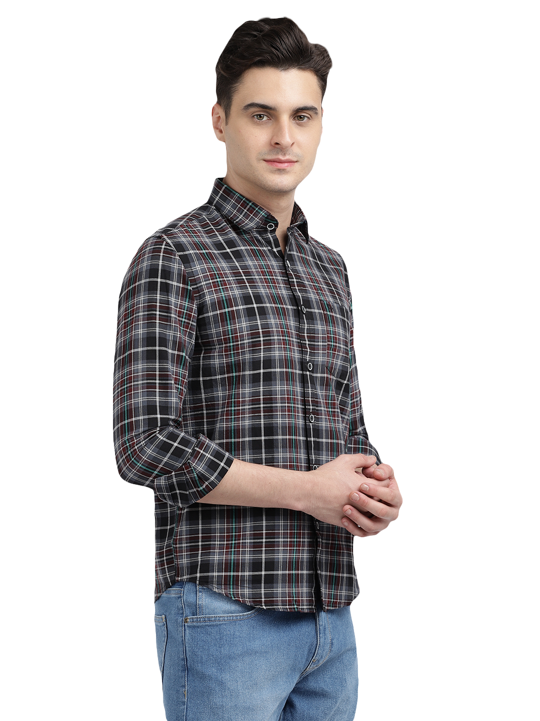 Model wearing Clarke Gable's Black With Red Checked Casual Shirt in a casual setting