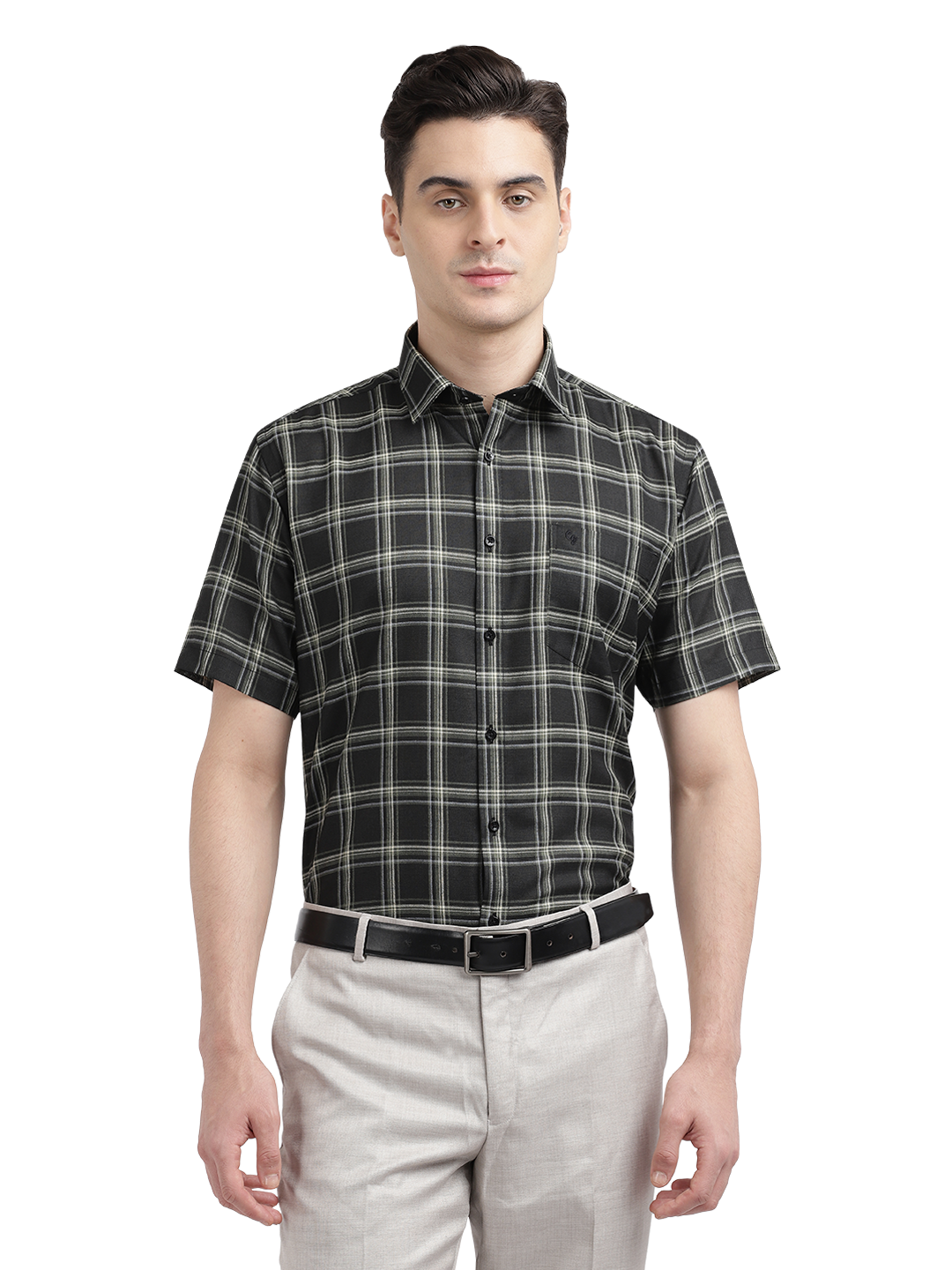 Model wearing Clarke Gable's Black With White Checked Casual Shirt in a casual setting