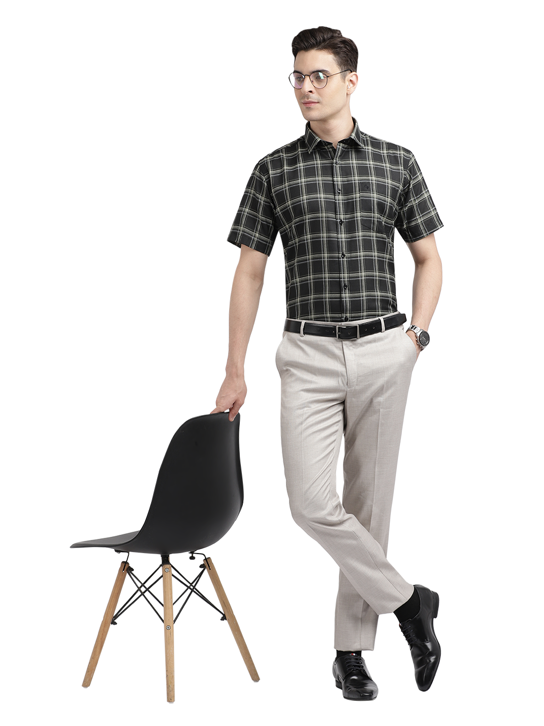 Model wearing Clarke Gable's Black With White Checked Casual Shirt in a casual setting