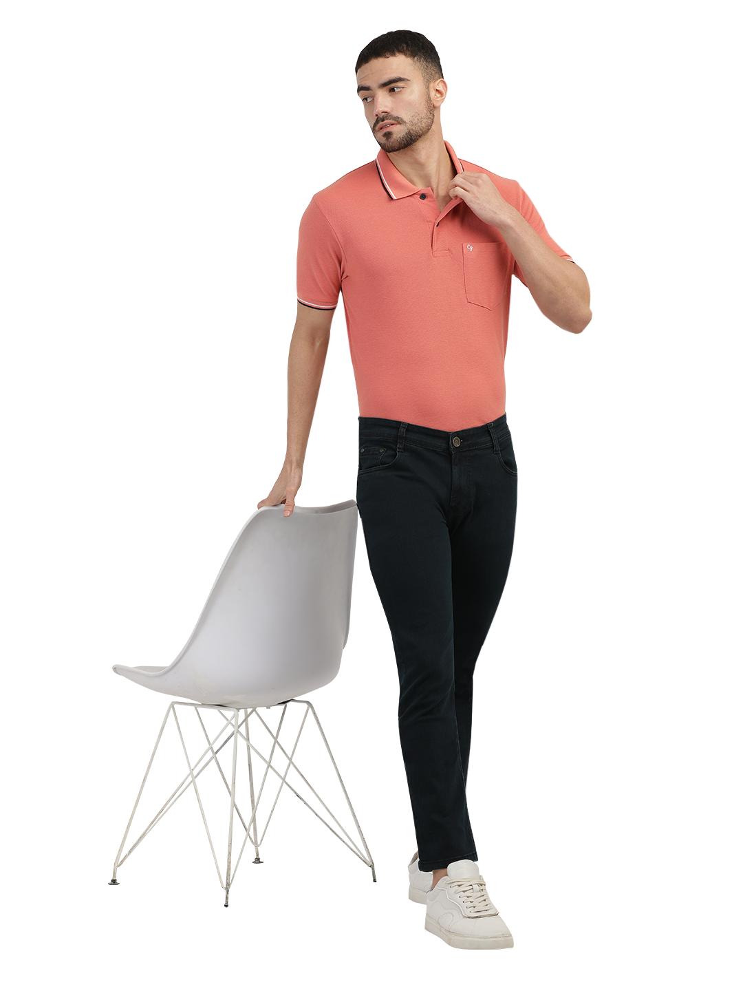 Model wearing Clarke Gable's Green Tinted Black Slim Fit Jeans in a casual setting