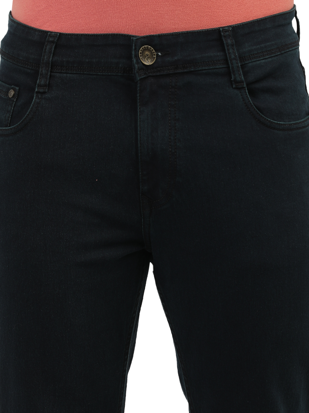 Model wearing Clarke Gable's Green Tinted Black Slim Fit Jeans in a casual setting