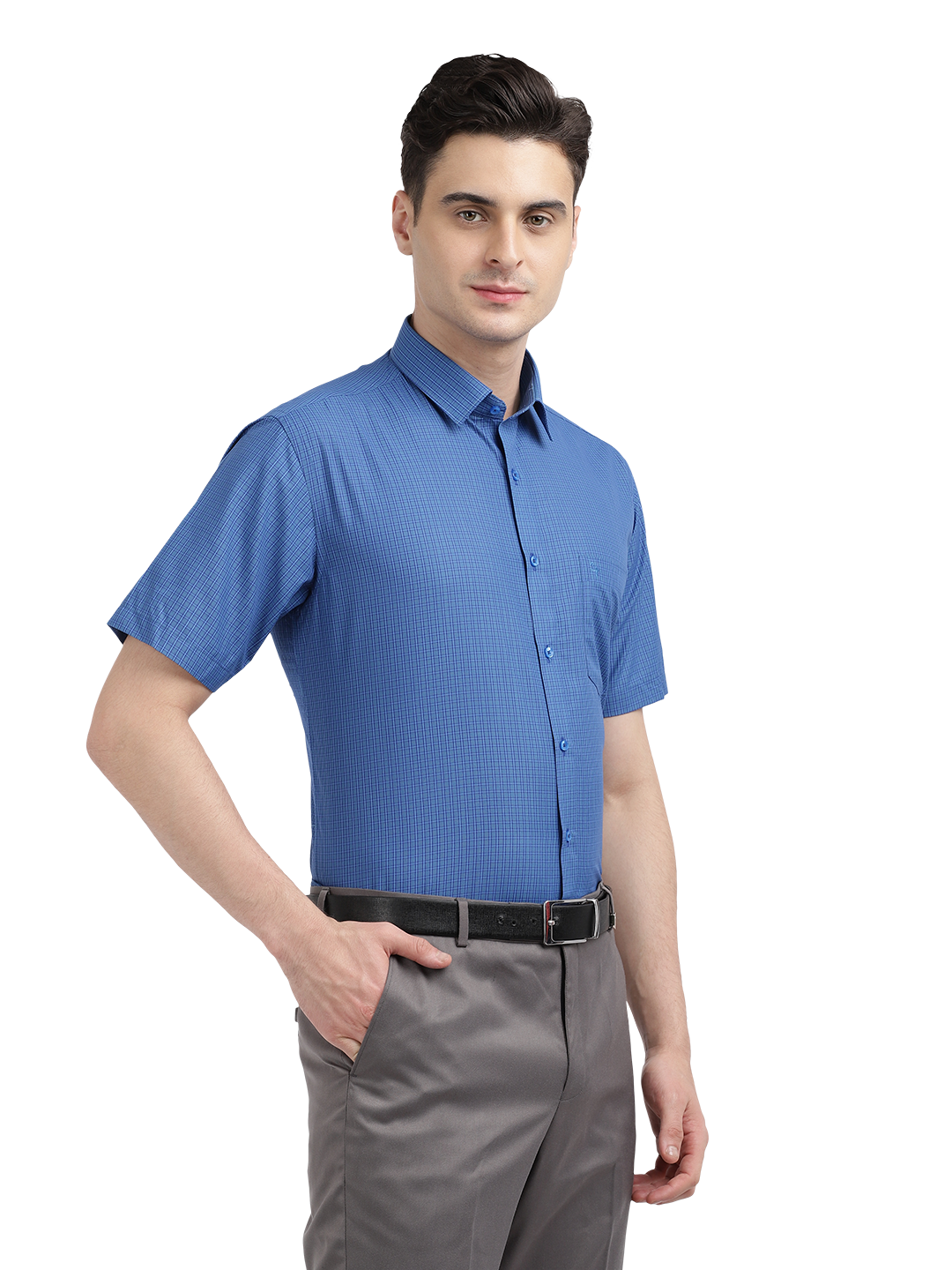 Model wearing Clarke Gable's Blue Checked Formal Shirt in a casual setting