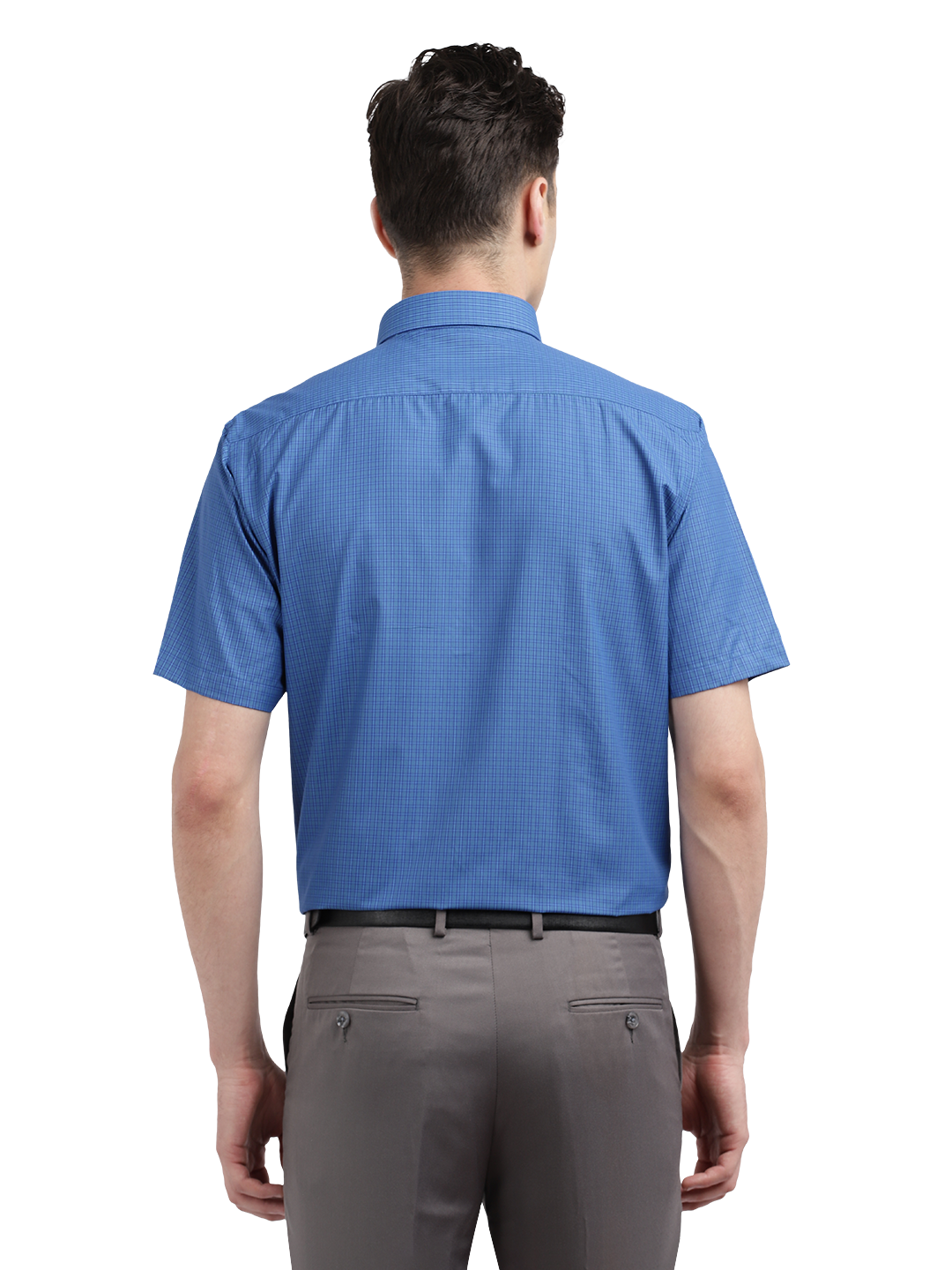 Model wearing Clarke Gable's Blue Checked Formal Shirt in a casual setting