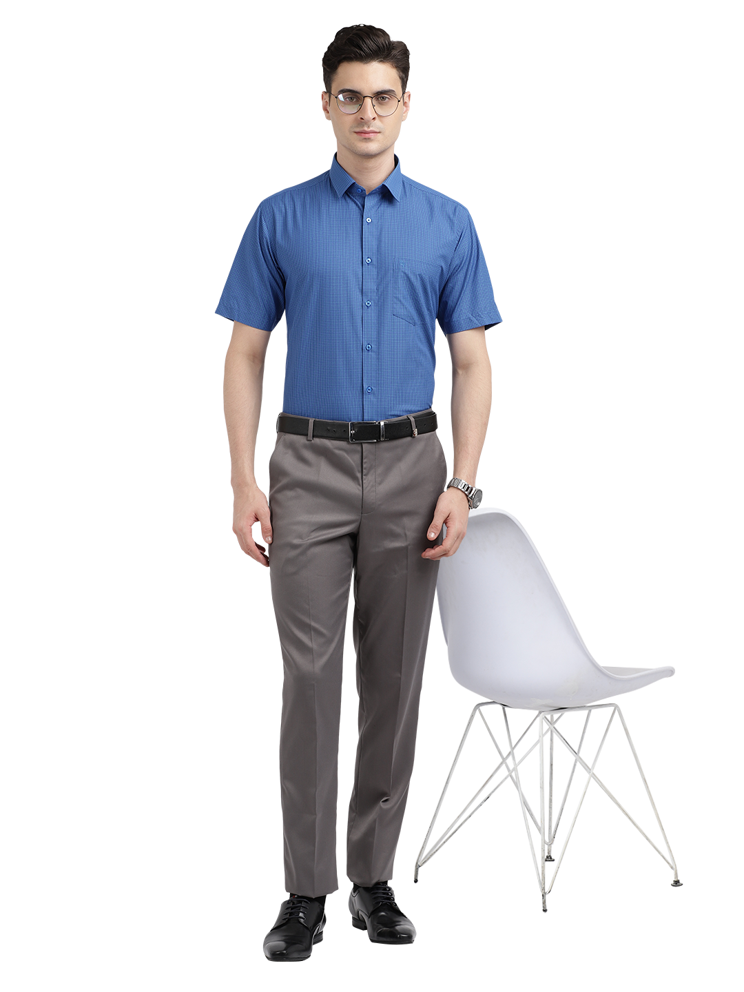 Model wearing Clarke Gable's Blue Checked Formal Shirt in a casual setting